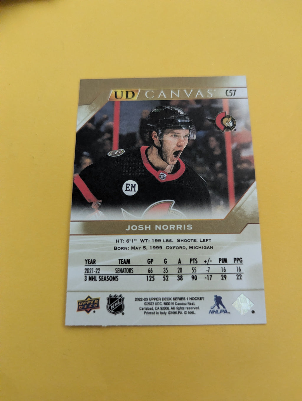 Josh Norris 22-23 Upper Deck UD Canvas Card
