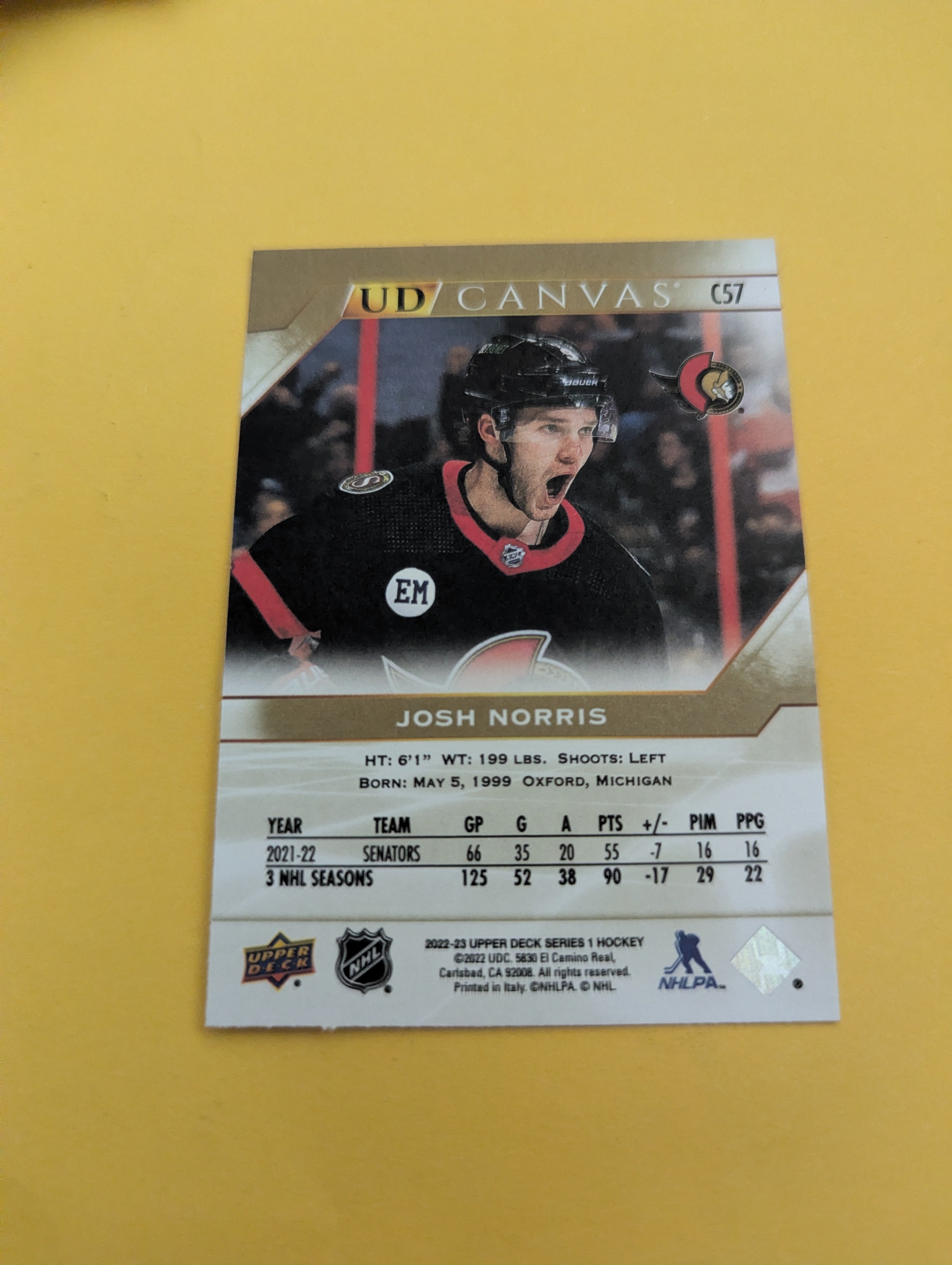 Josh Norris 22-23 Upper Deck UD Canvas Card