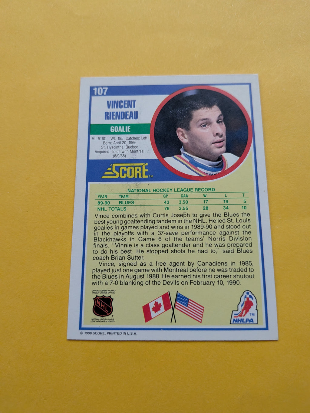 Vincent Riendeau Signed St. Louis Blues Card H