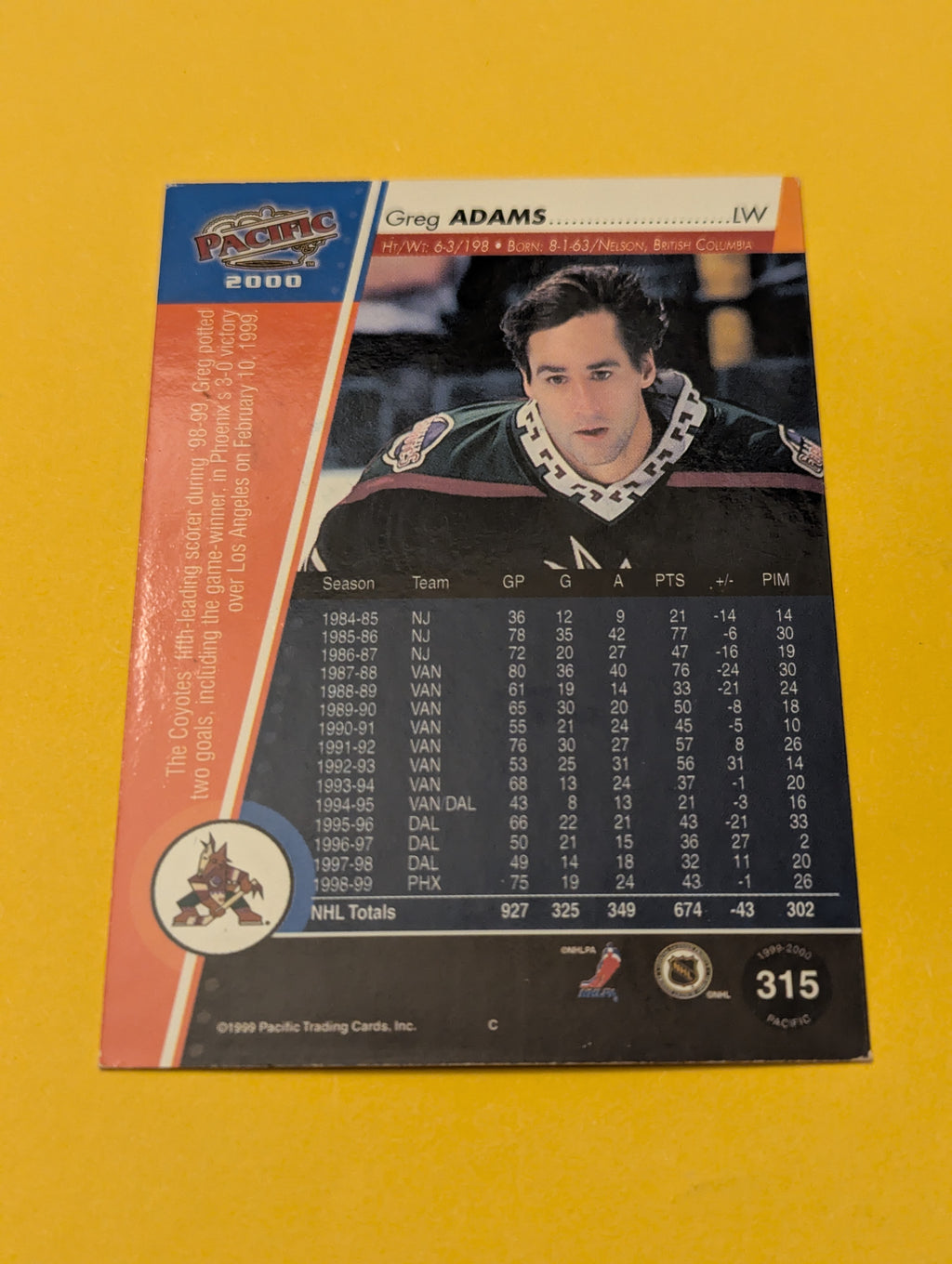 Greg Adams Signed Arizona Coyotes Card