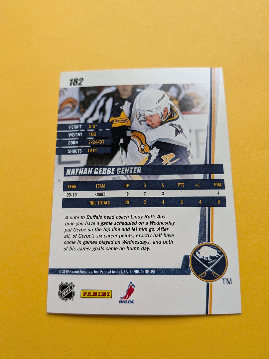 Nate Gerbe Signed Buffalo Sabres Card B