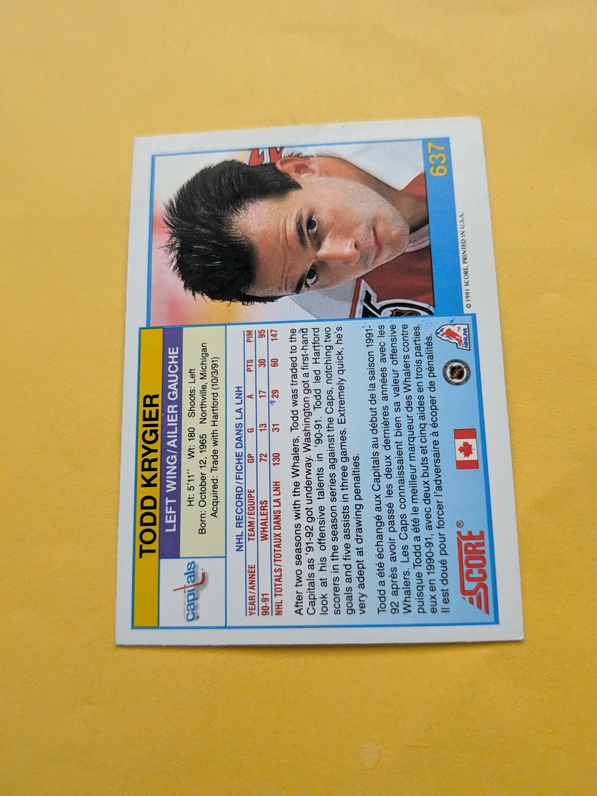 Todd Krygier Signed Washington Capitals Card B