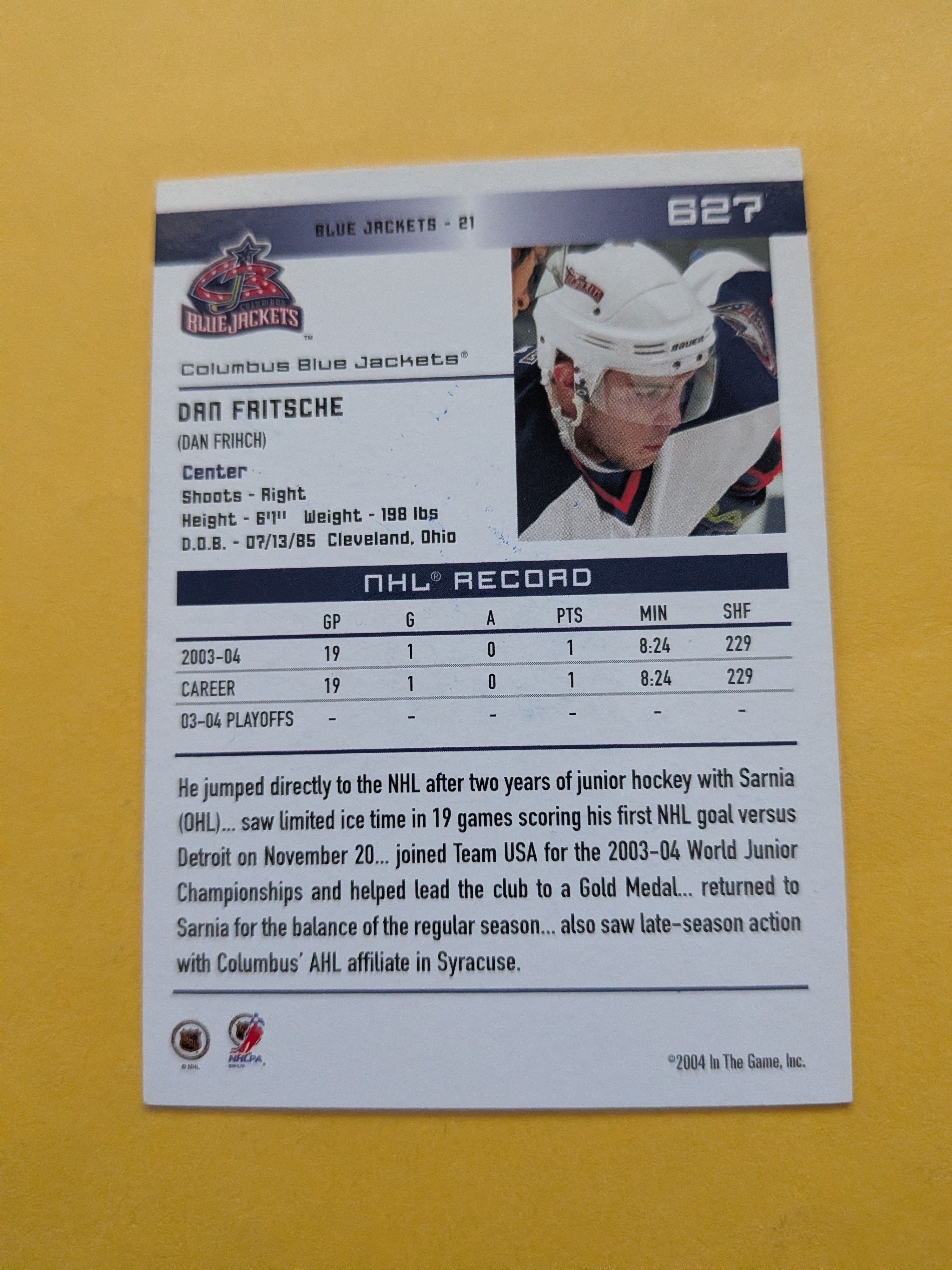 Dan Fritsche Signed Columbus Blue Jackets Rookie Card A