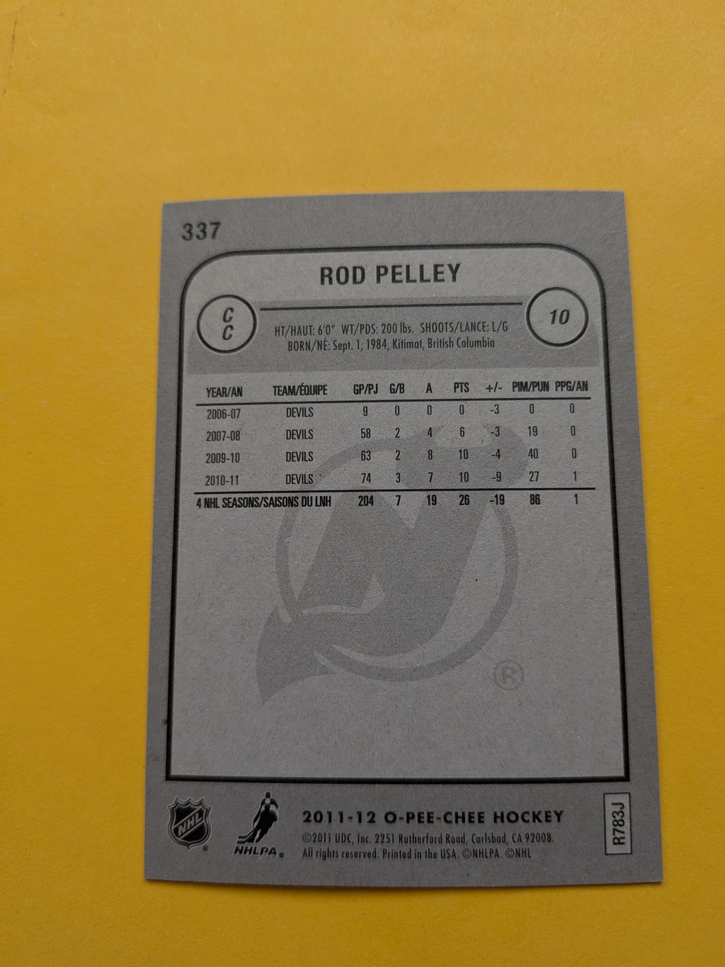 Rod Pelley Signed New Jersey Devils Card A