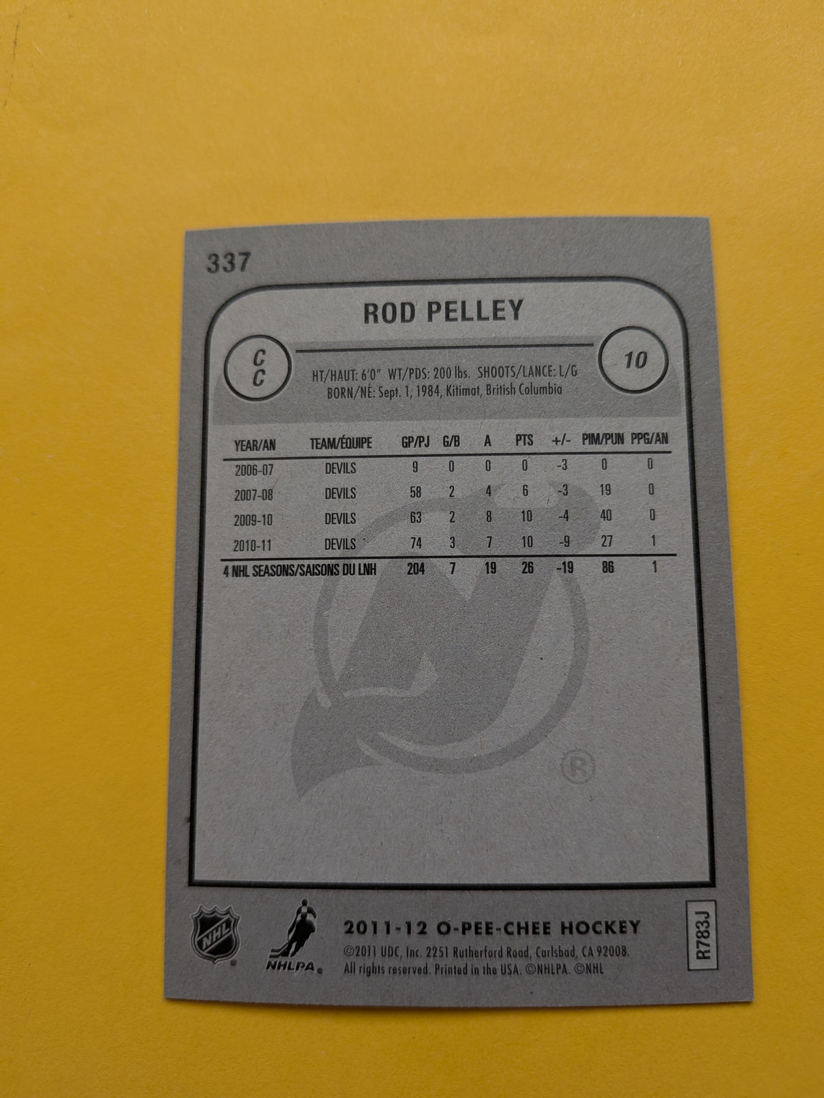 Rod Pelley Signed New Jersey Devils Card A