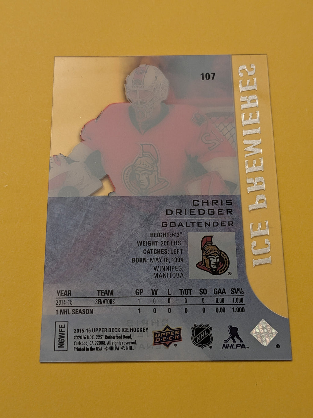 Chris Driedger 15-16 Upper Deck UD Ice Premieres Rookie Card 0867/1999