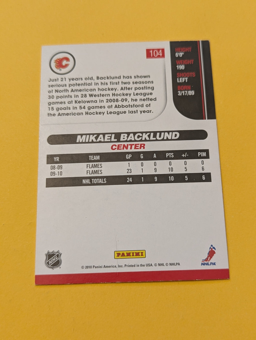 Mikael Backlund Signed Calgary Flames Card