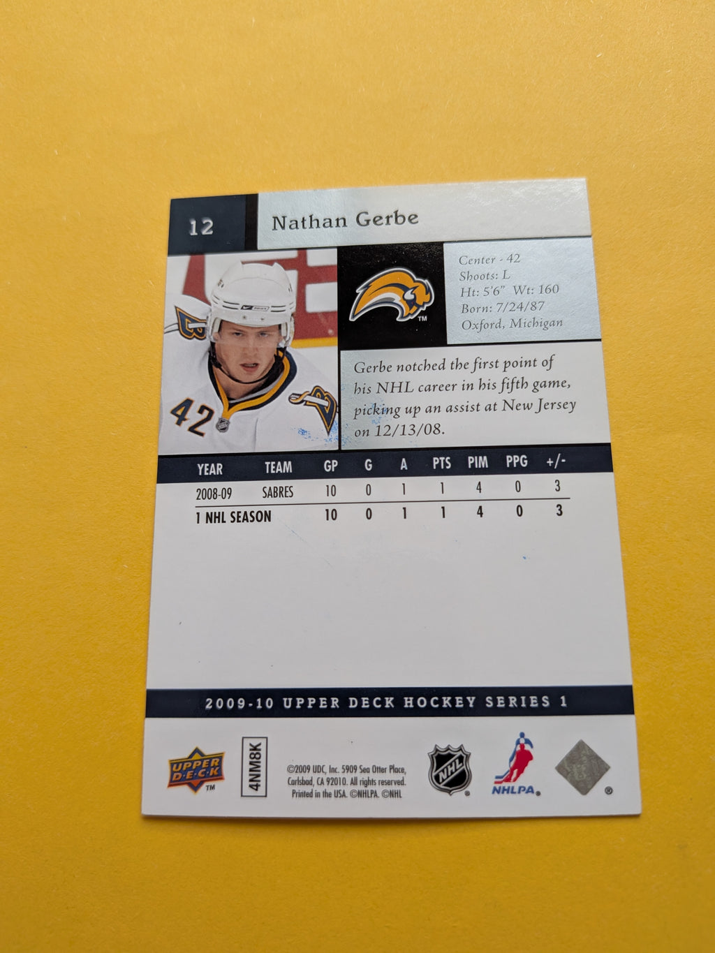 Nate Gerbe Signed Buffalo Sabres Card A