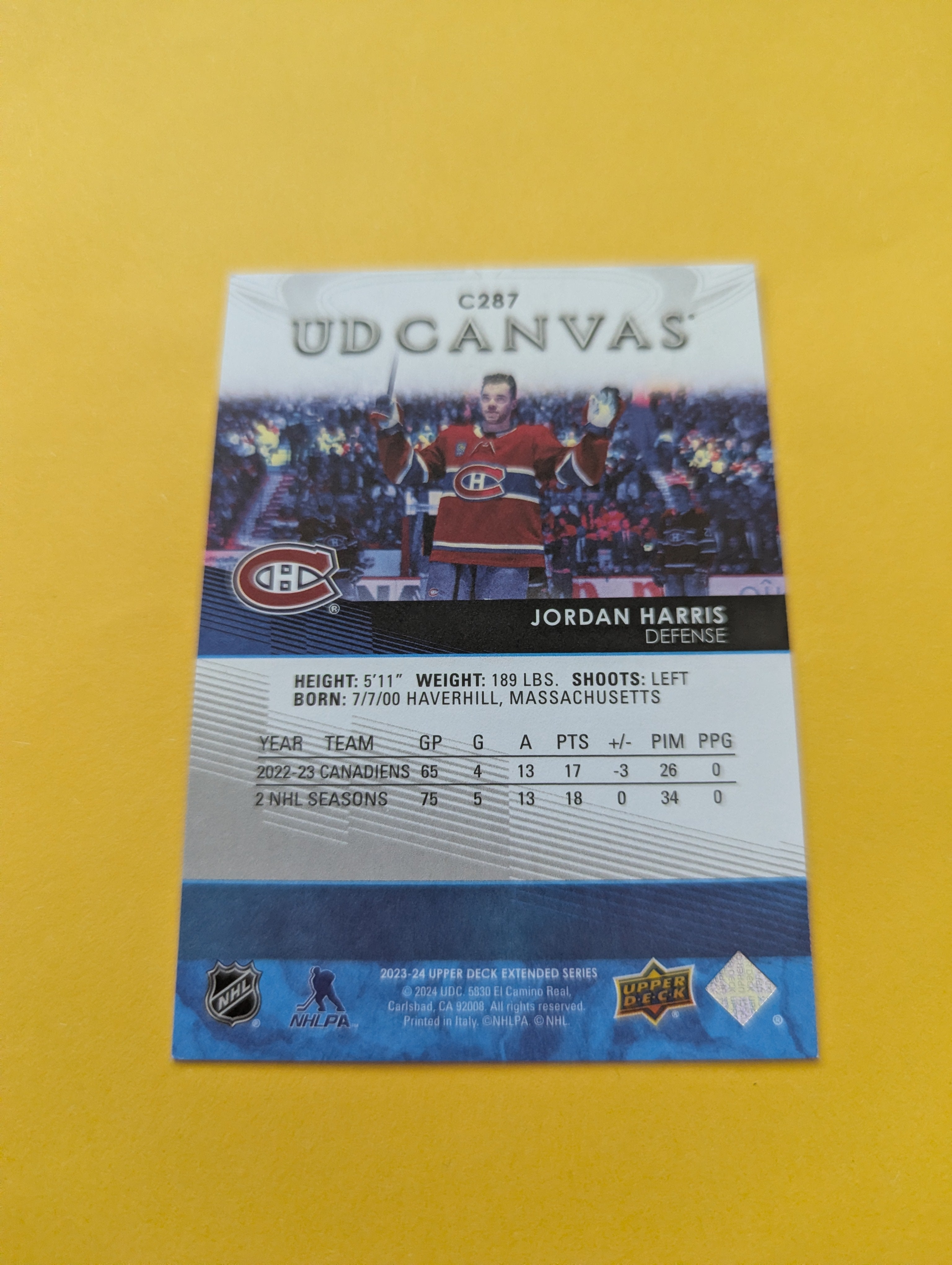 Jordan Harris 23-24 Upper Deck UD Canvas Card