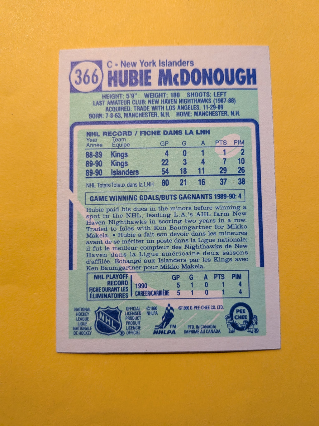 Hubie McDonough Signed New York Islanders Card A