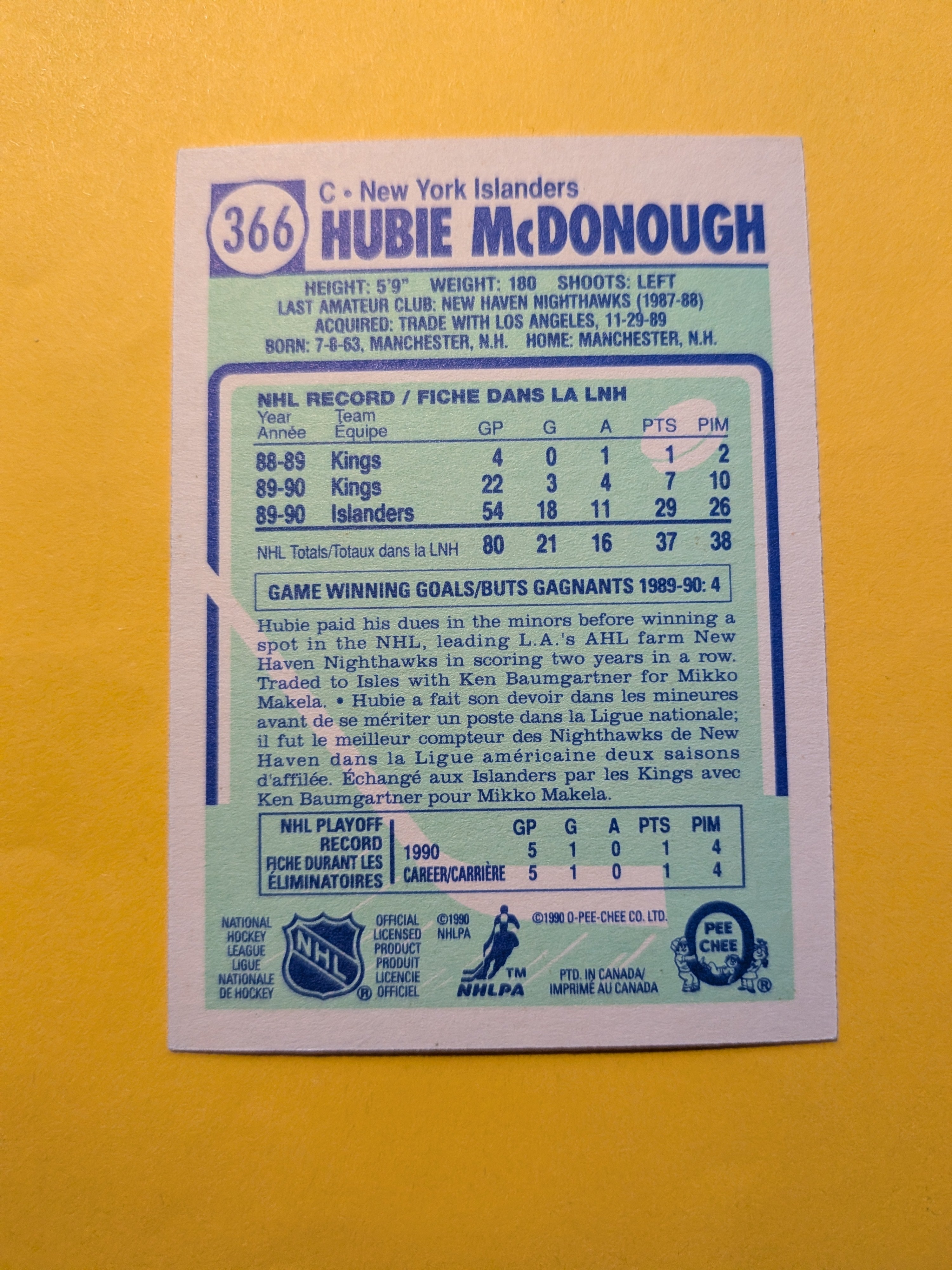 Hubie McDonough Signed New York Islanders Card A