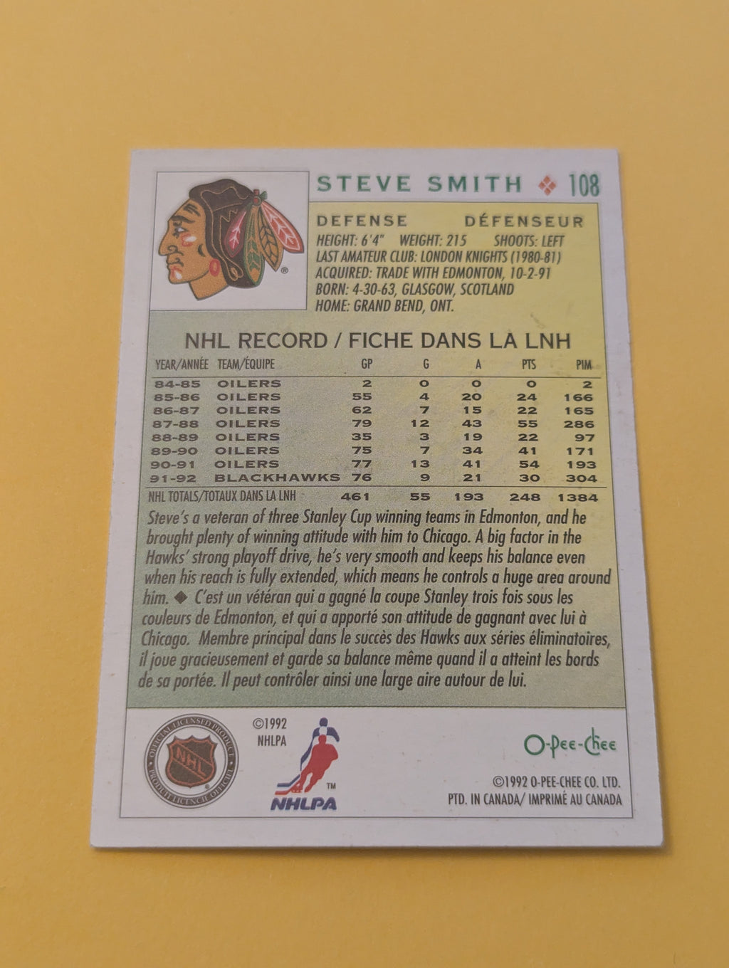 Steve Smith Signed Chicago Blackhawks Card
