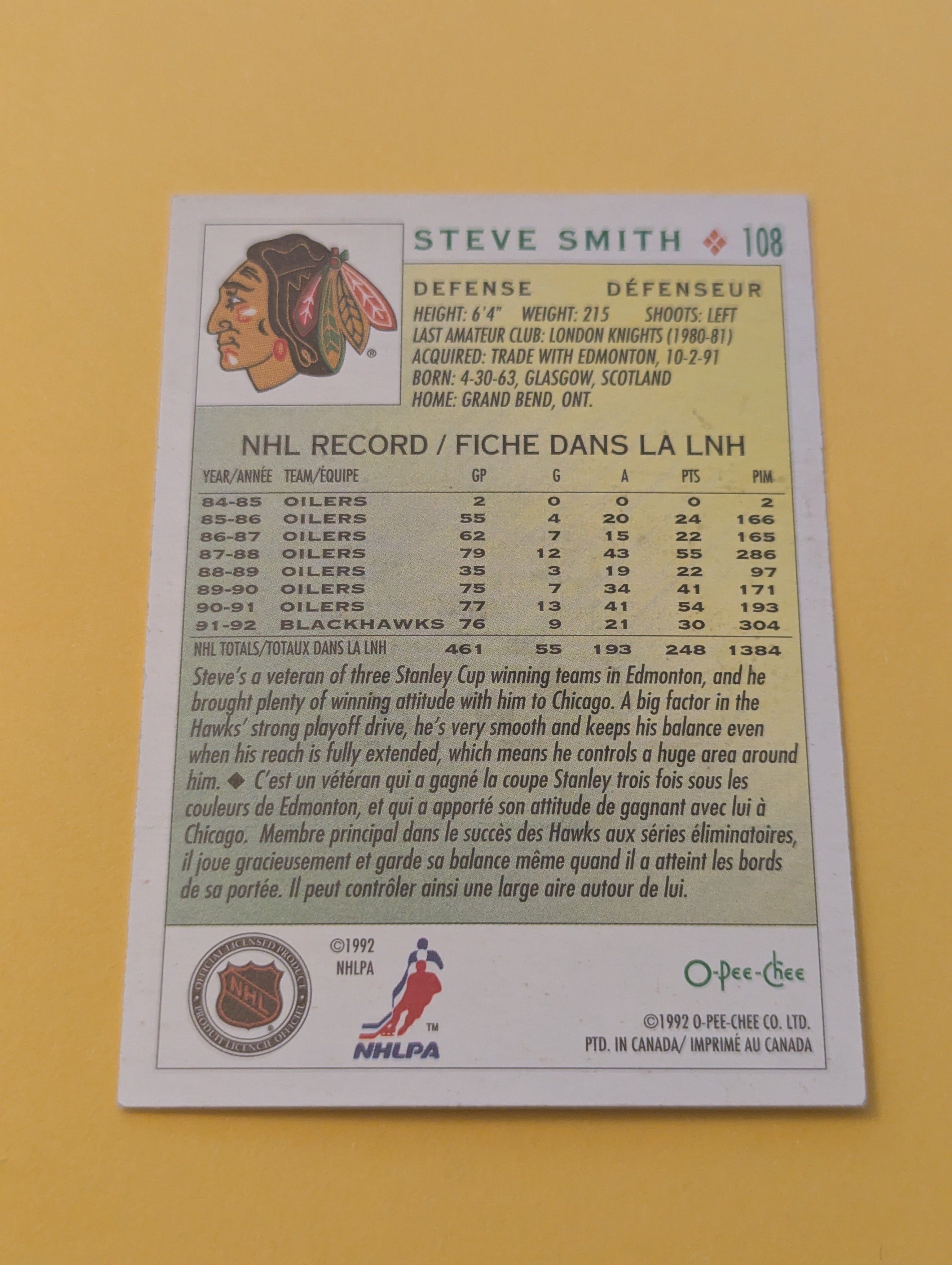 Steve Smith Signed Chicago Blackhawks Card