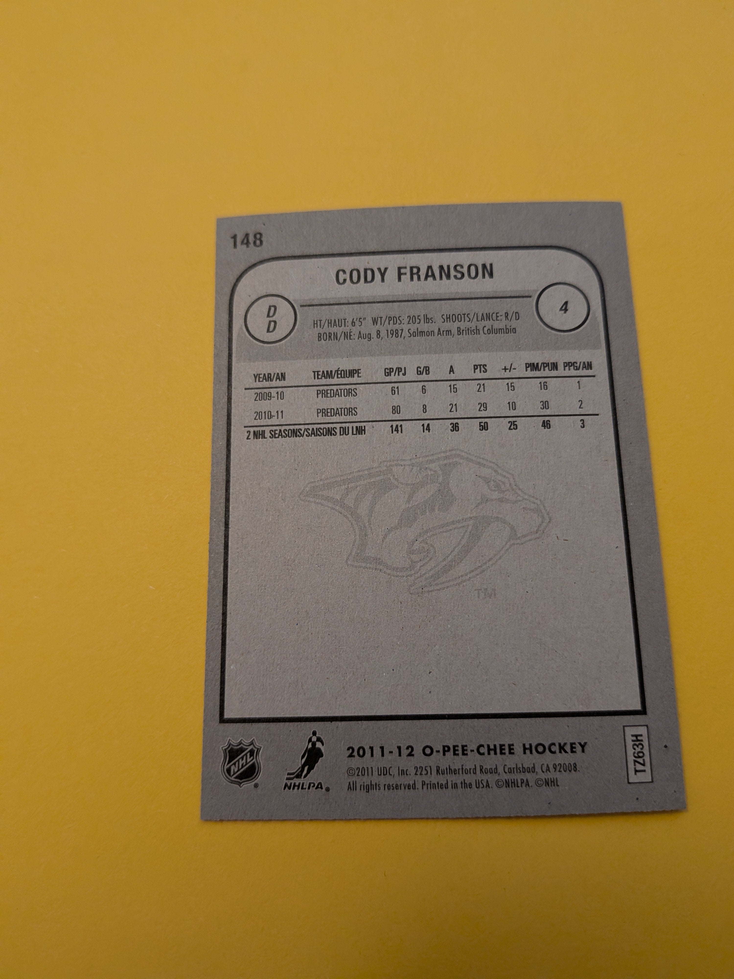 Cody Franson Signed Nashville Predators Card C