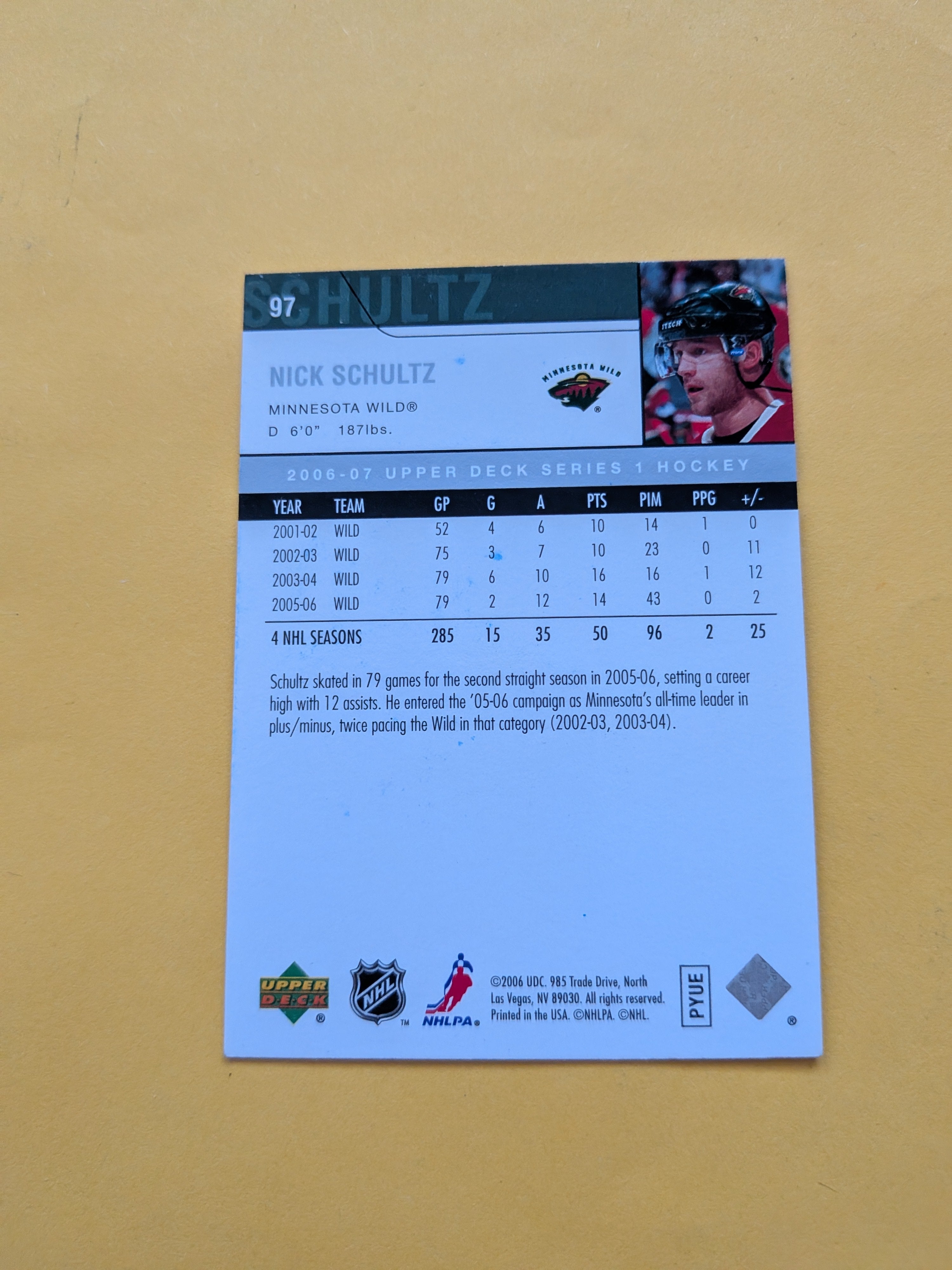 Nick Schultz Signed Minnesota Wild Card J