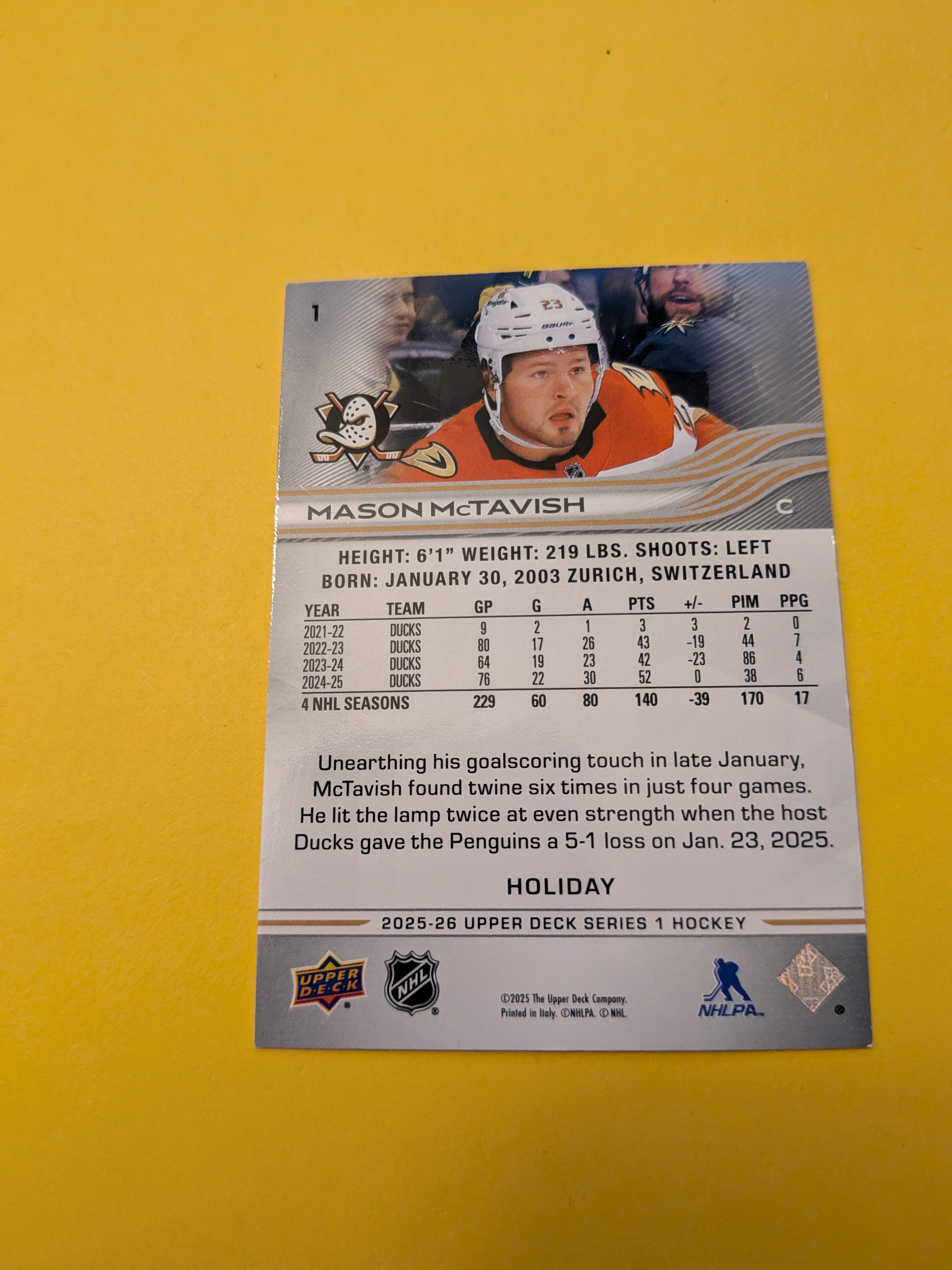 Mason McTavish 25-26 Upper Deck Green Holiday Card
