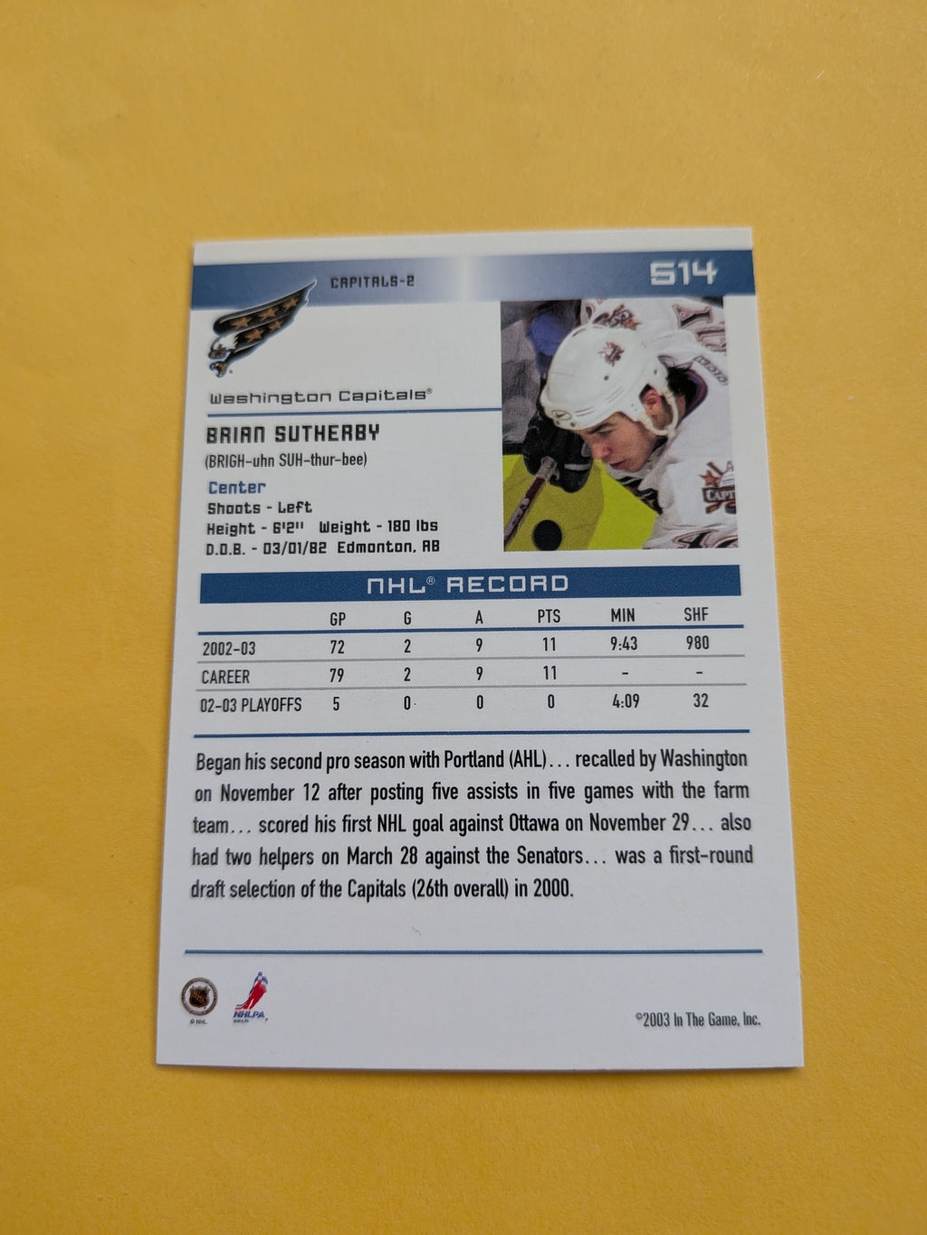 Brian Sutherby Signed Washington Capitals Card C