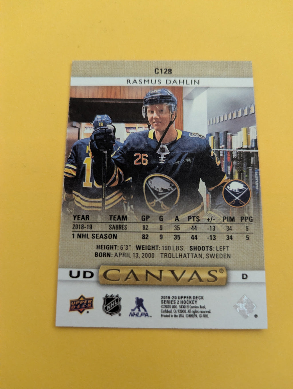 Rasmus Dahlin 19-20 Upper Deck UD Canvas Card