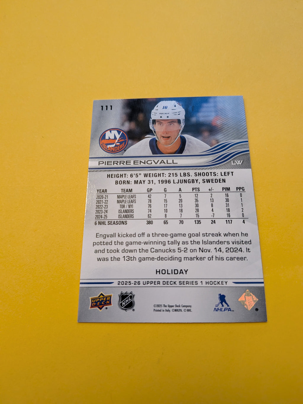 Pierre Engvall 25-26 Upper Deck Green Holiday Card