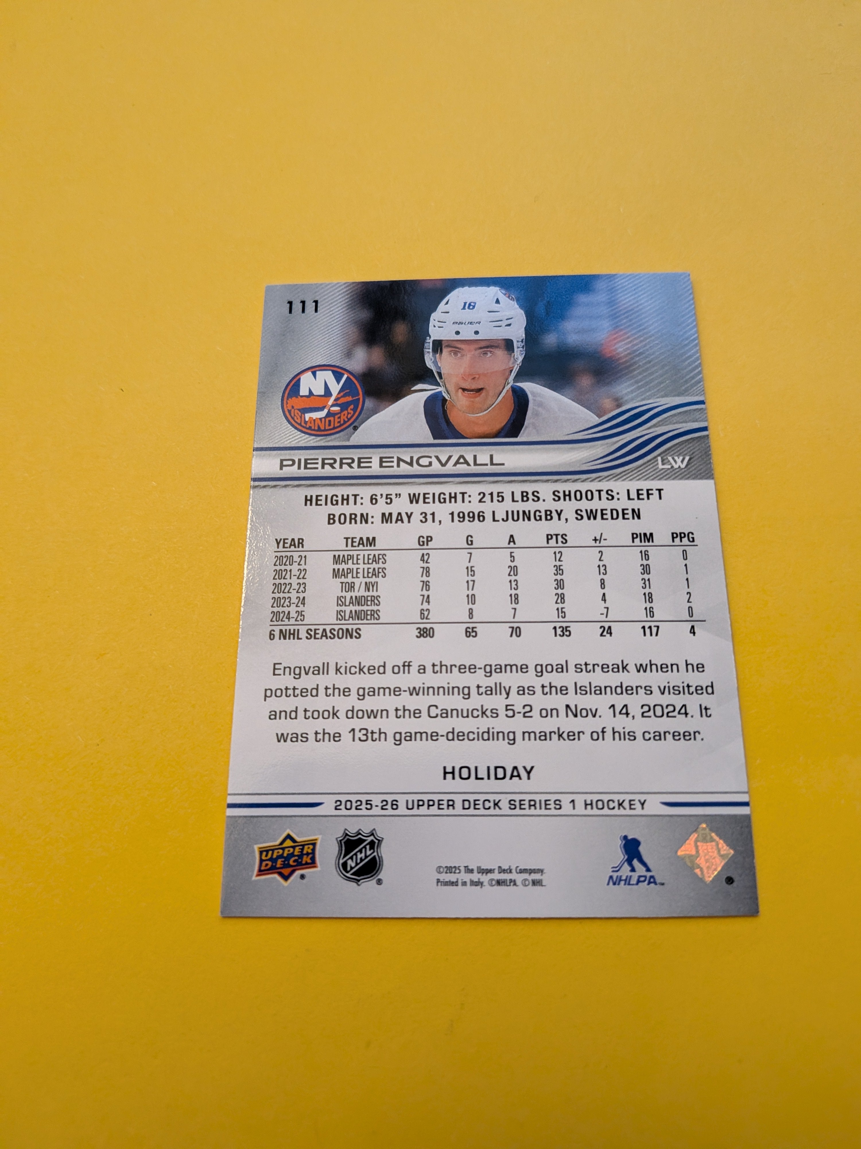 Pierre Engvall 25-26 Upper Deck Green Holiday Card