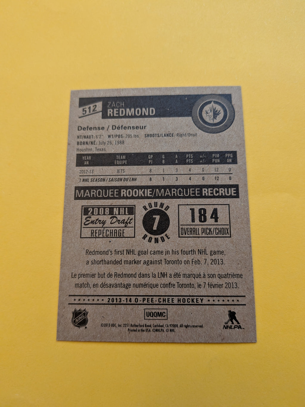 Zach Redmond Signed Winnipeg Jets Rookie Card A