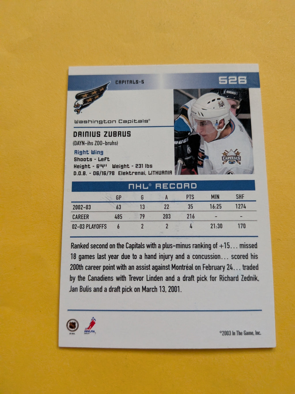 Dainius Zubrus Signed Washington Capitals Card C