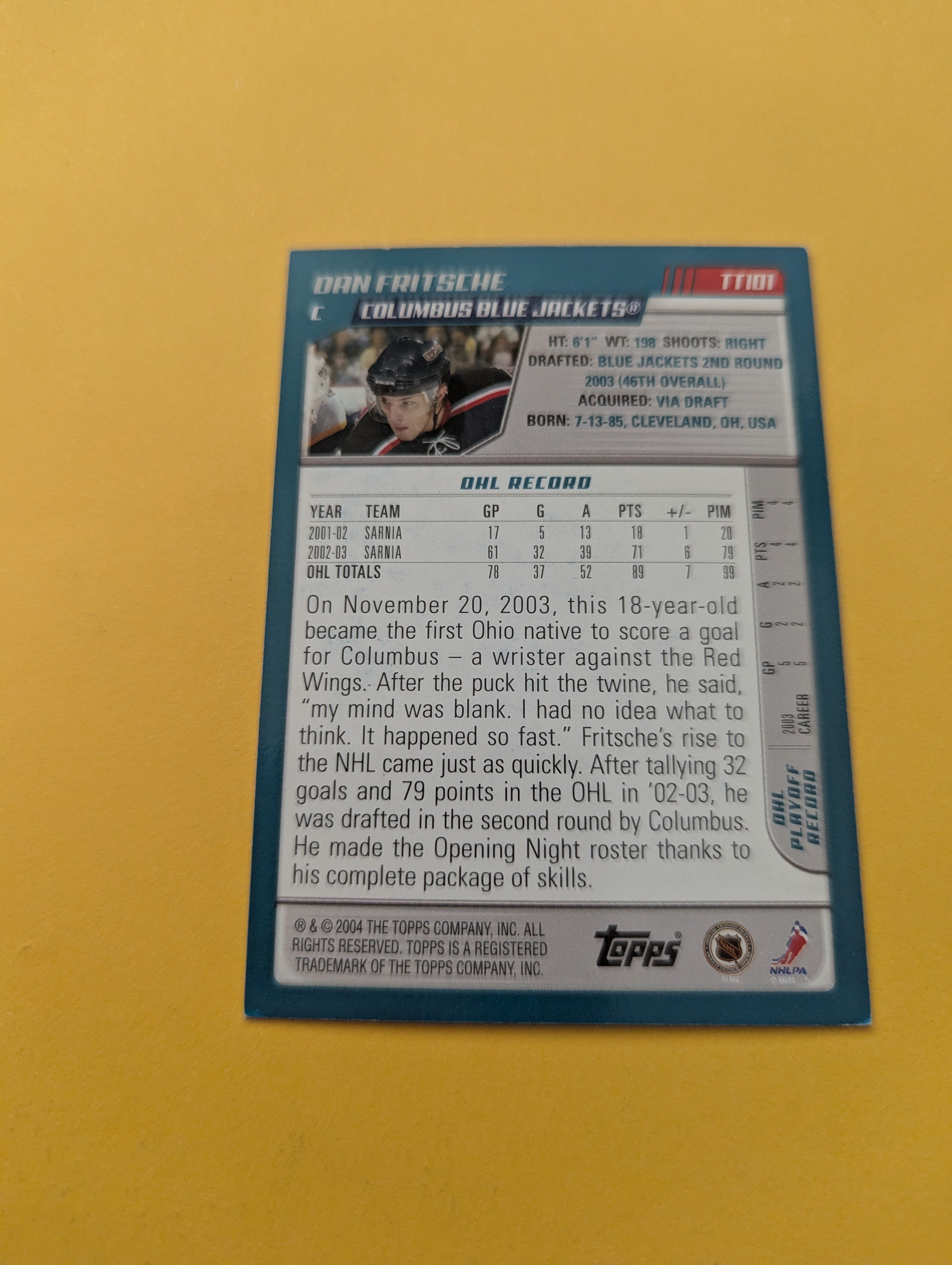 Dan Fritsche Signed Columbus Blue Jackets Rookie Card
