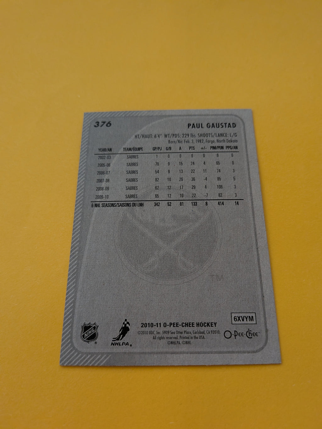 Paul Gaustad Signed Buffalo Sabres Card A