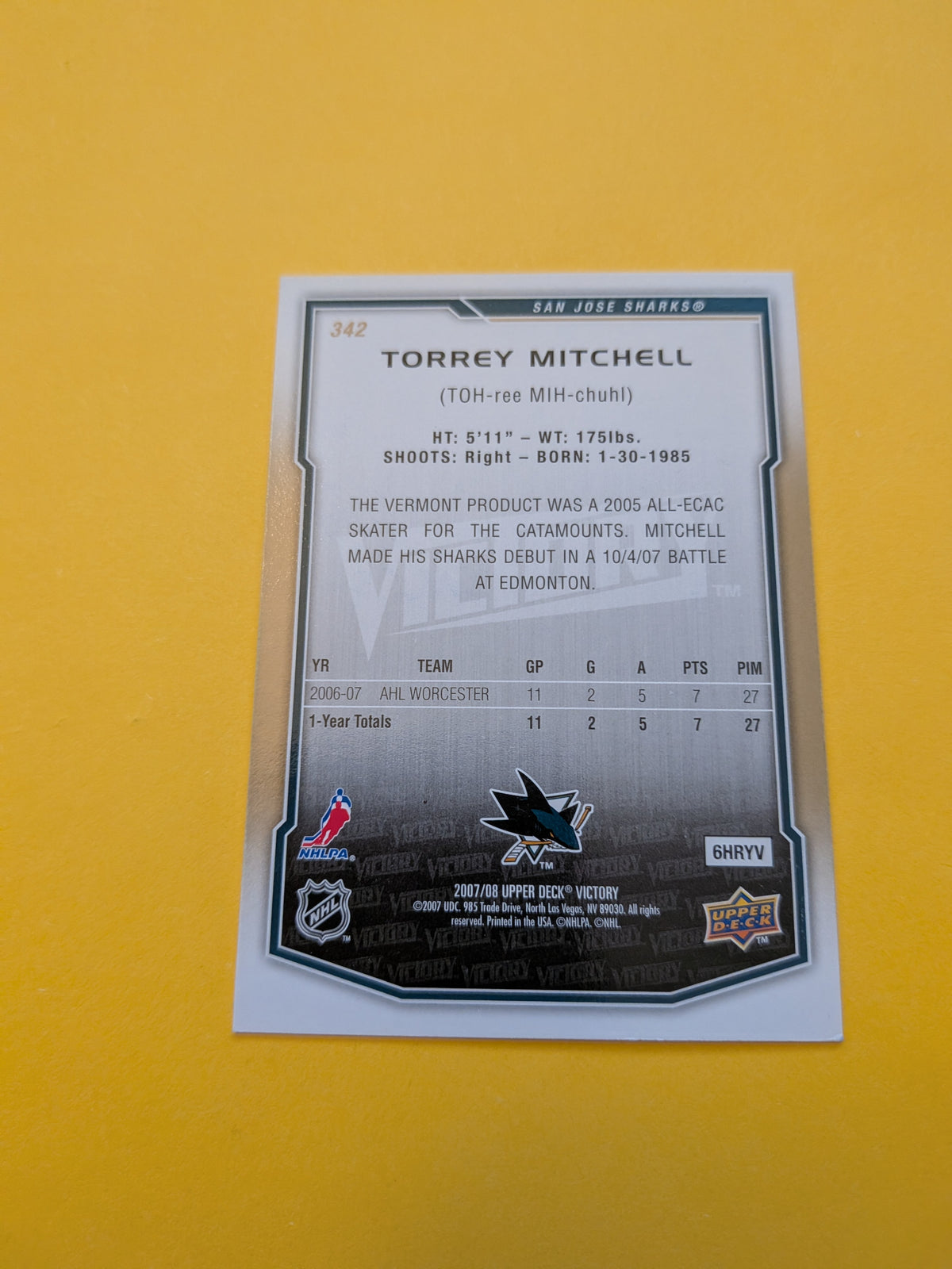 Torrey Mitchell Signed San Jose Sharks Rookie Card B