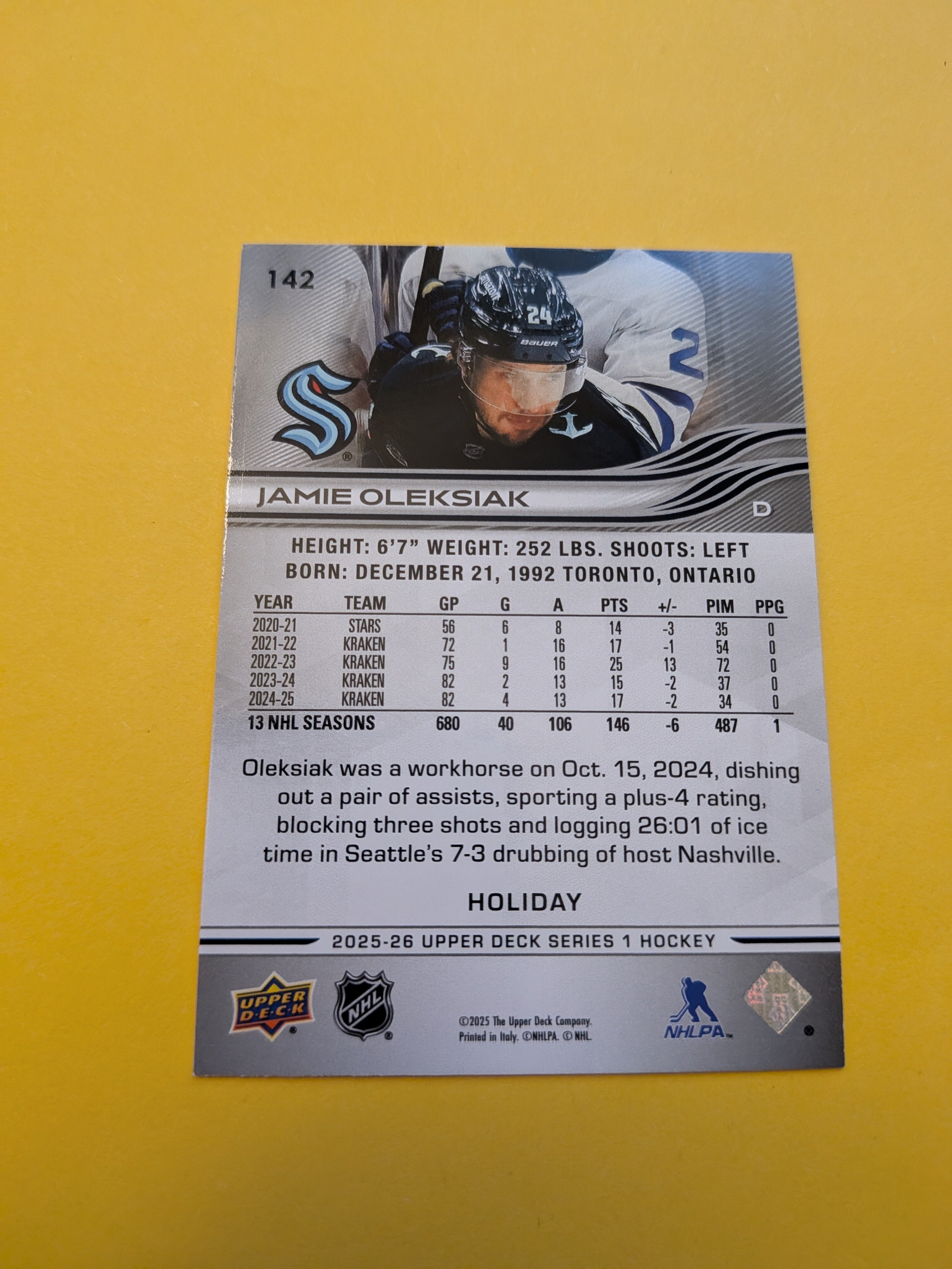 Jamie Oleksiak 25-26 Upper Deck Green Holiday Card