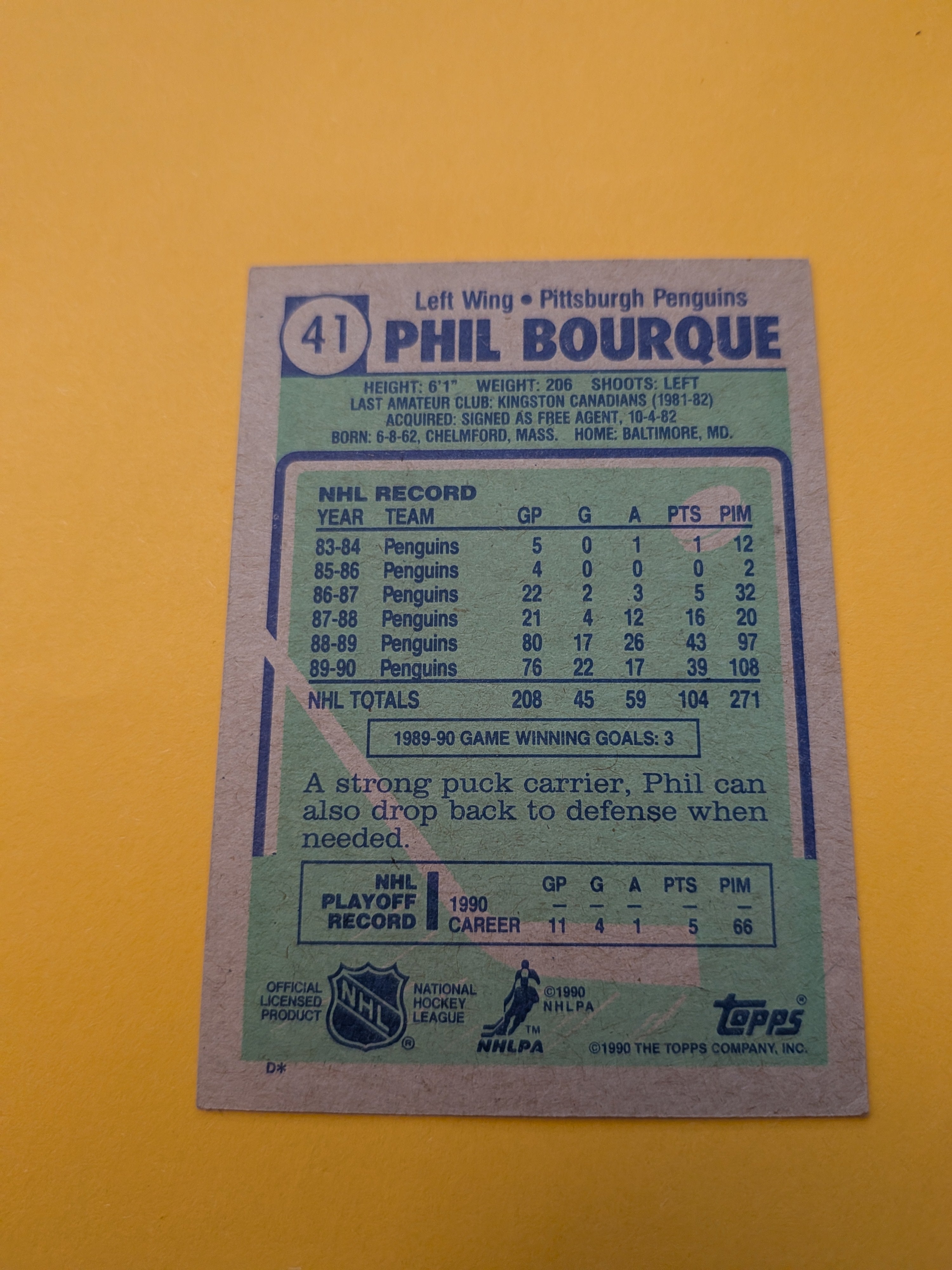 Phil Bourque Signed Pittsburgh Penguins Card B