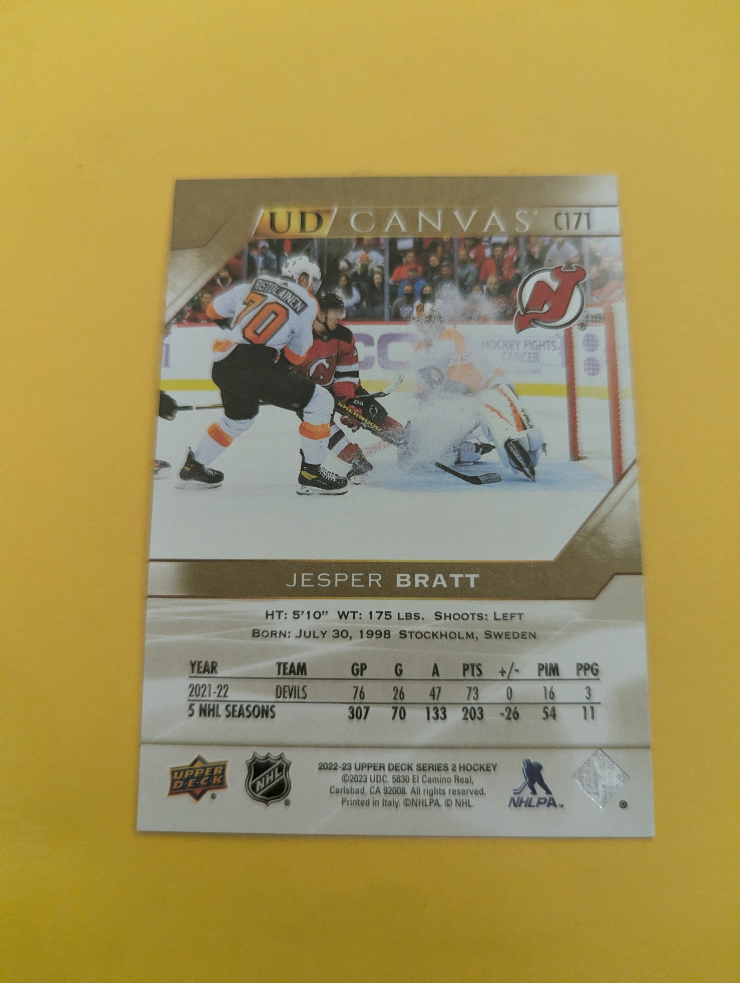 Jesper Bratt 22-23 Upper Deck UD Canvas Card