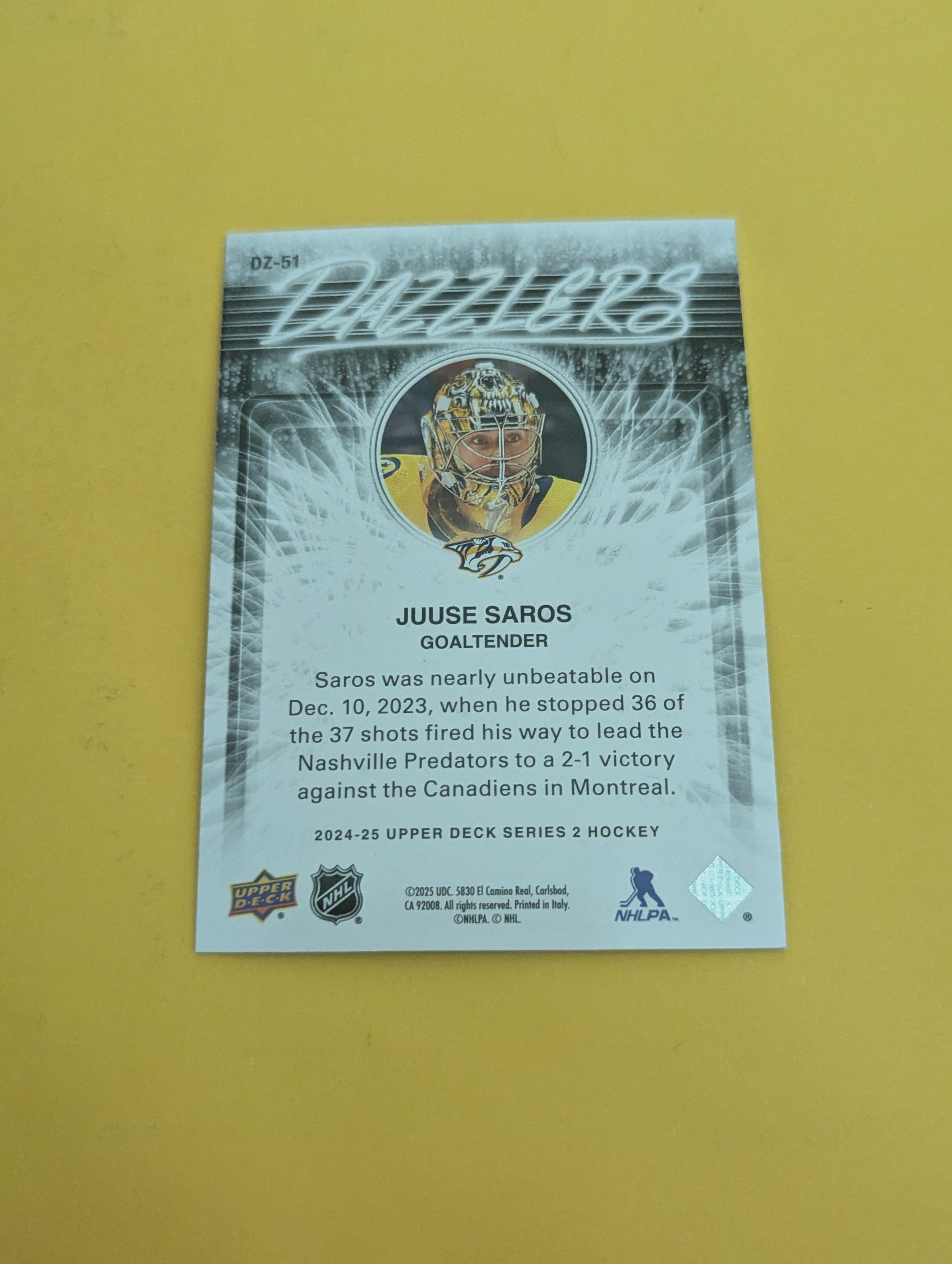 Juuse Saros 24-25 Upper Deck Dazzlers Blue Card