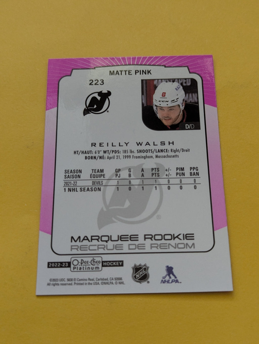 Reilly Walsh 22-23 OPC Platinum Rookie Matte Pink Card