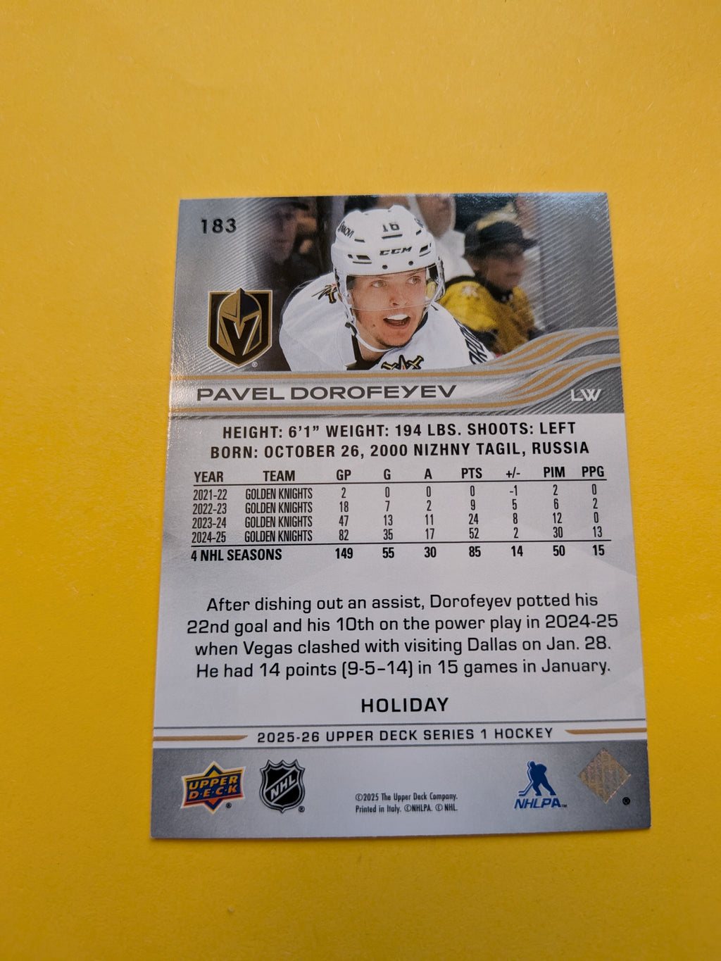 Pavel Dorofeyev 25-26 Upper Deck Green Holiday Card