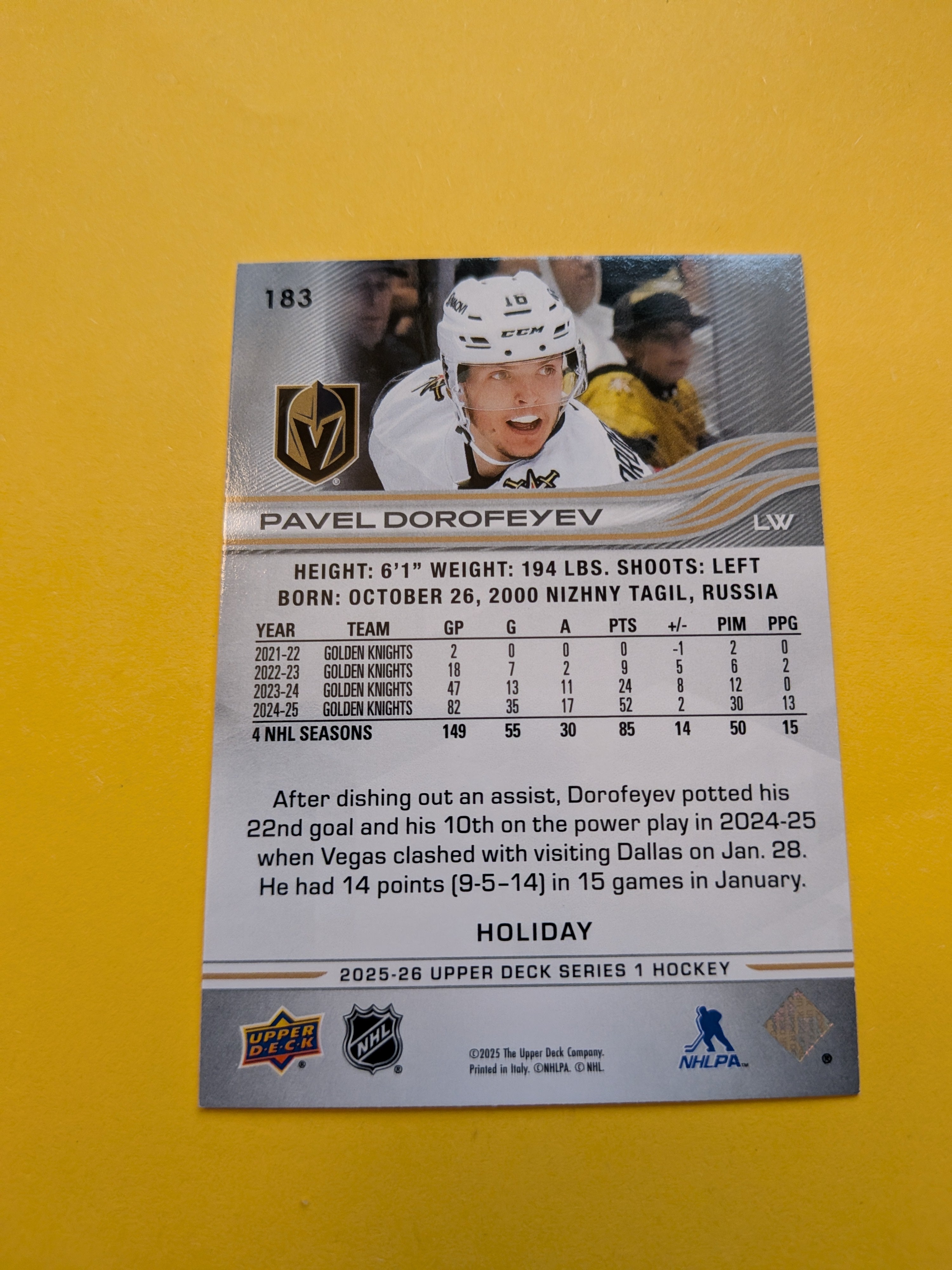 Pavel Dorofeyev 25-26 Upper Deck Green Holiday Card