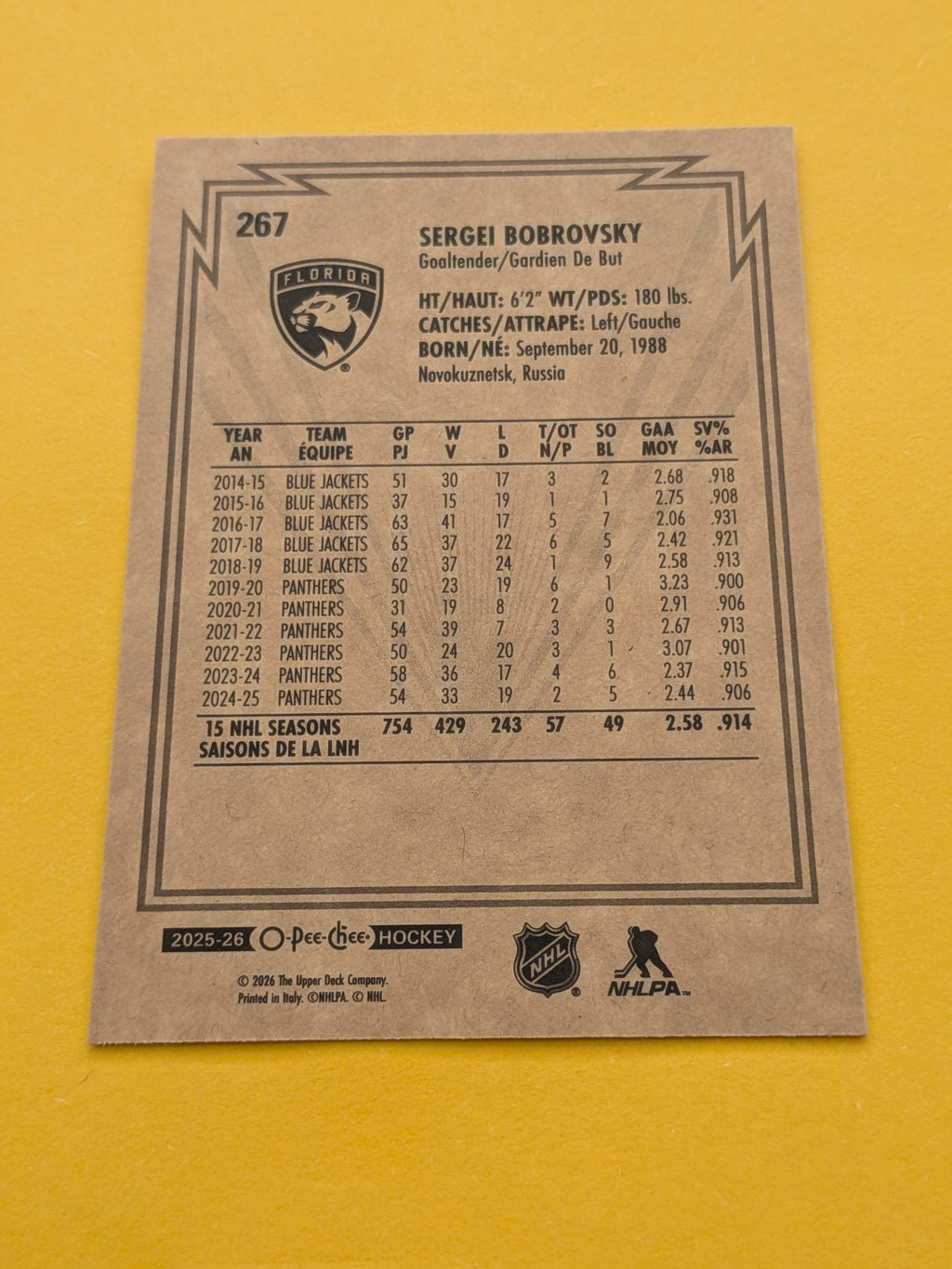 Sergei Bobrovsky 25-26 OPC Retro Card