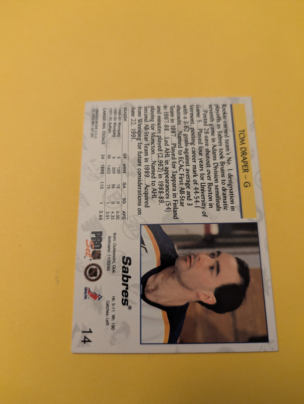 Tom Draper Signed Buffalo Sabres Card