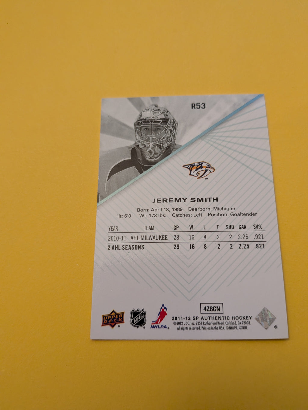 Jeremy Smith Signed Nashville Predators Card A
