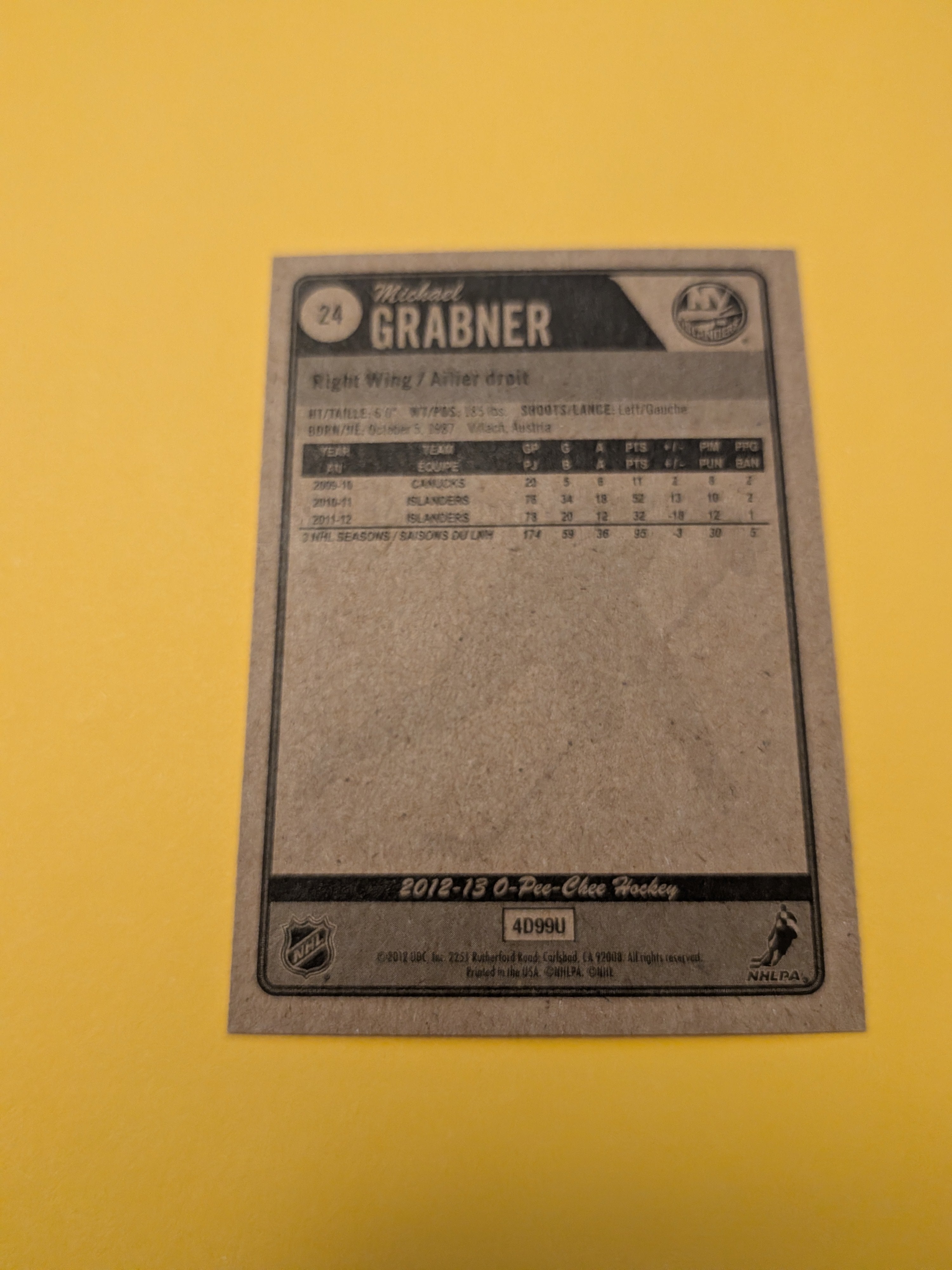 Michael Grabner Signed New York Islanders Card E