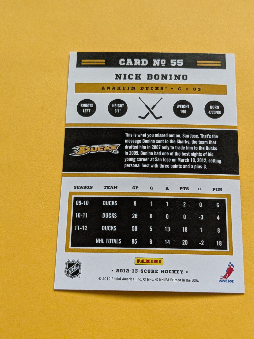 Nick Bonino Signed Anaheim Ducks Card A