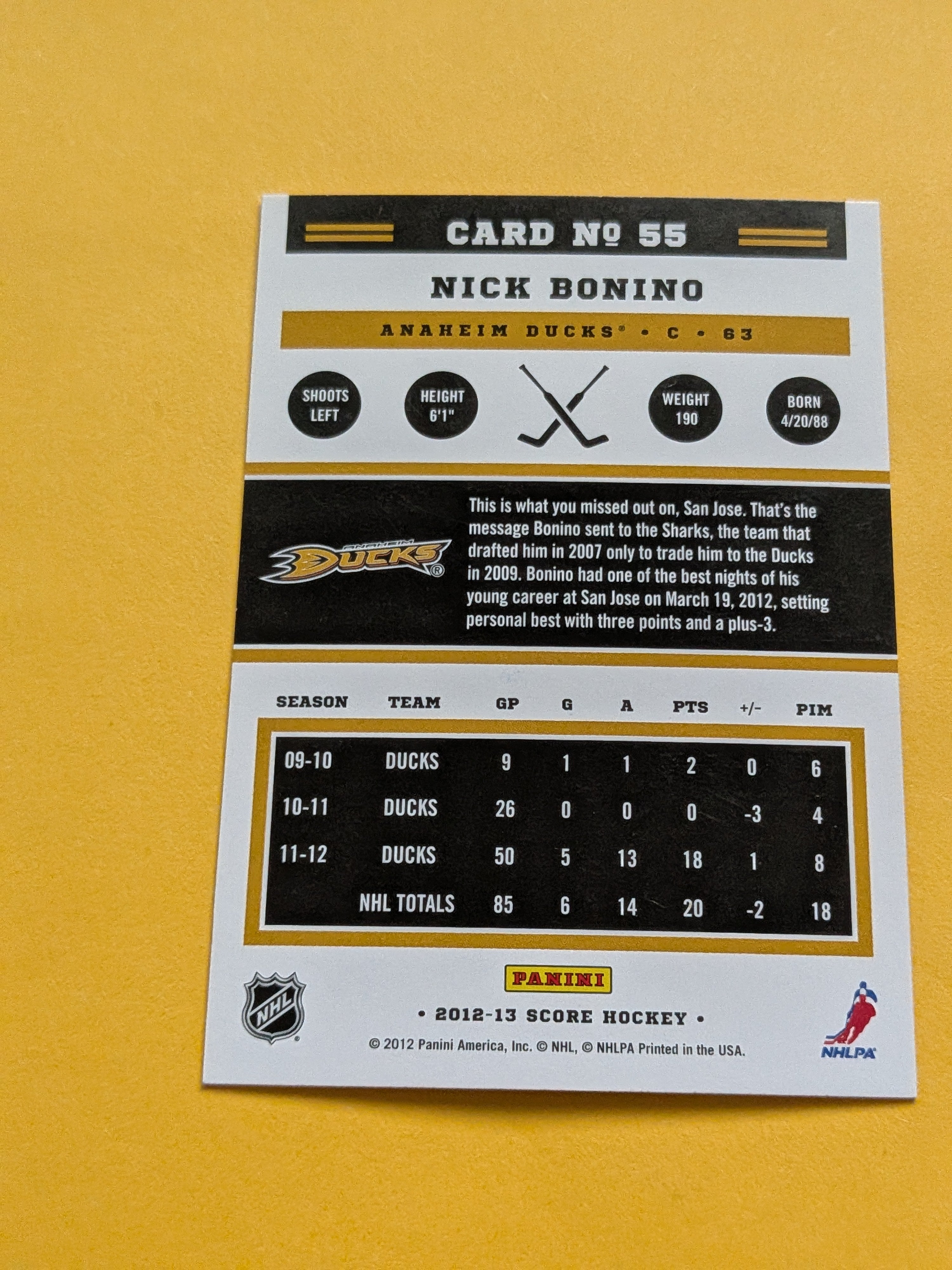 Nick Bonino Signed Anaheim Ducks Card A