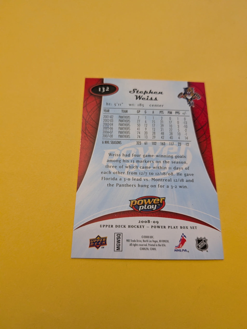 Stephen Weiss Signed Florida Panthers Card B
