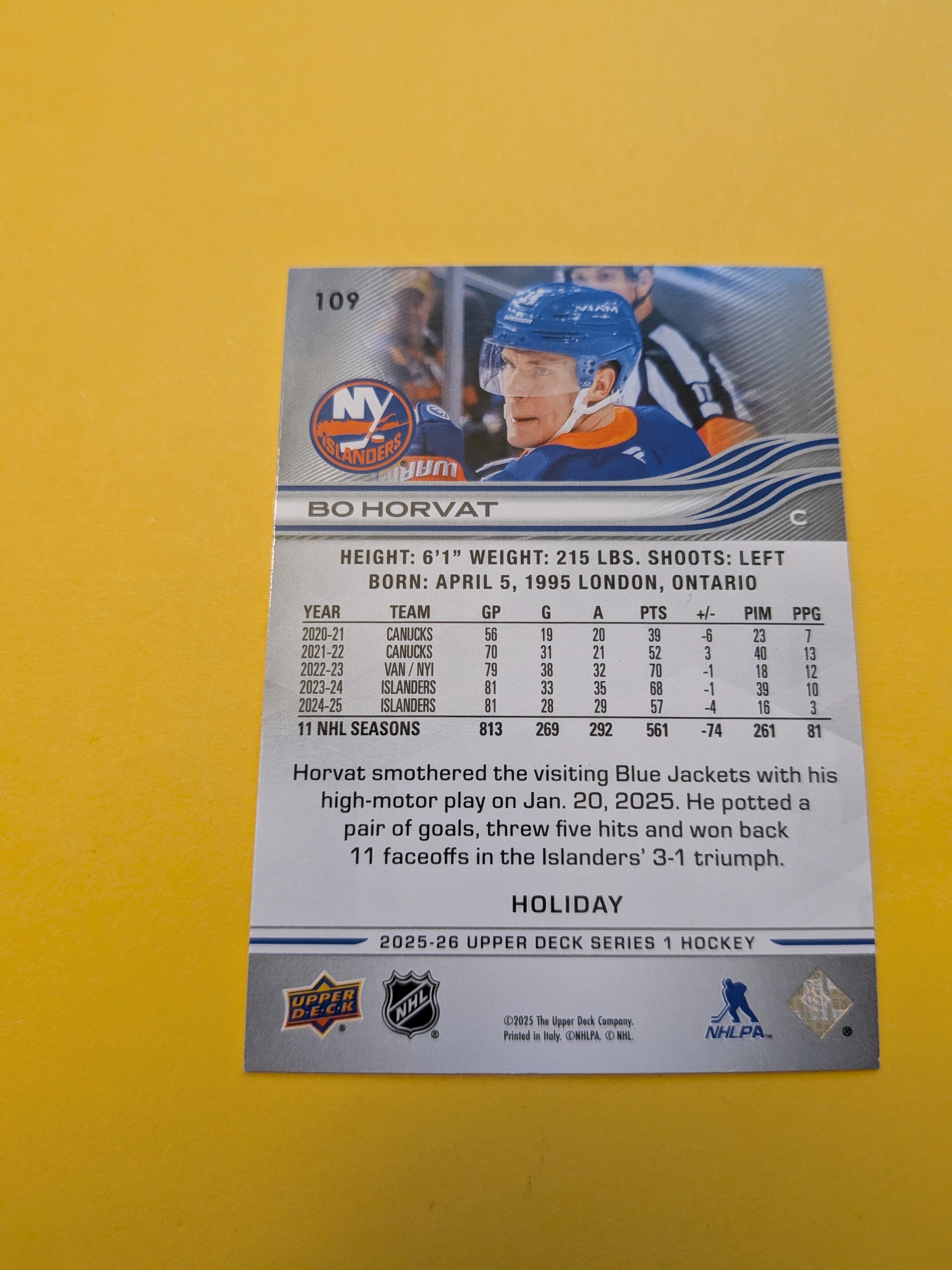 Bo Horvat 25-26 Upper Deck Green Holiday Card
