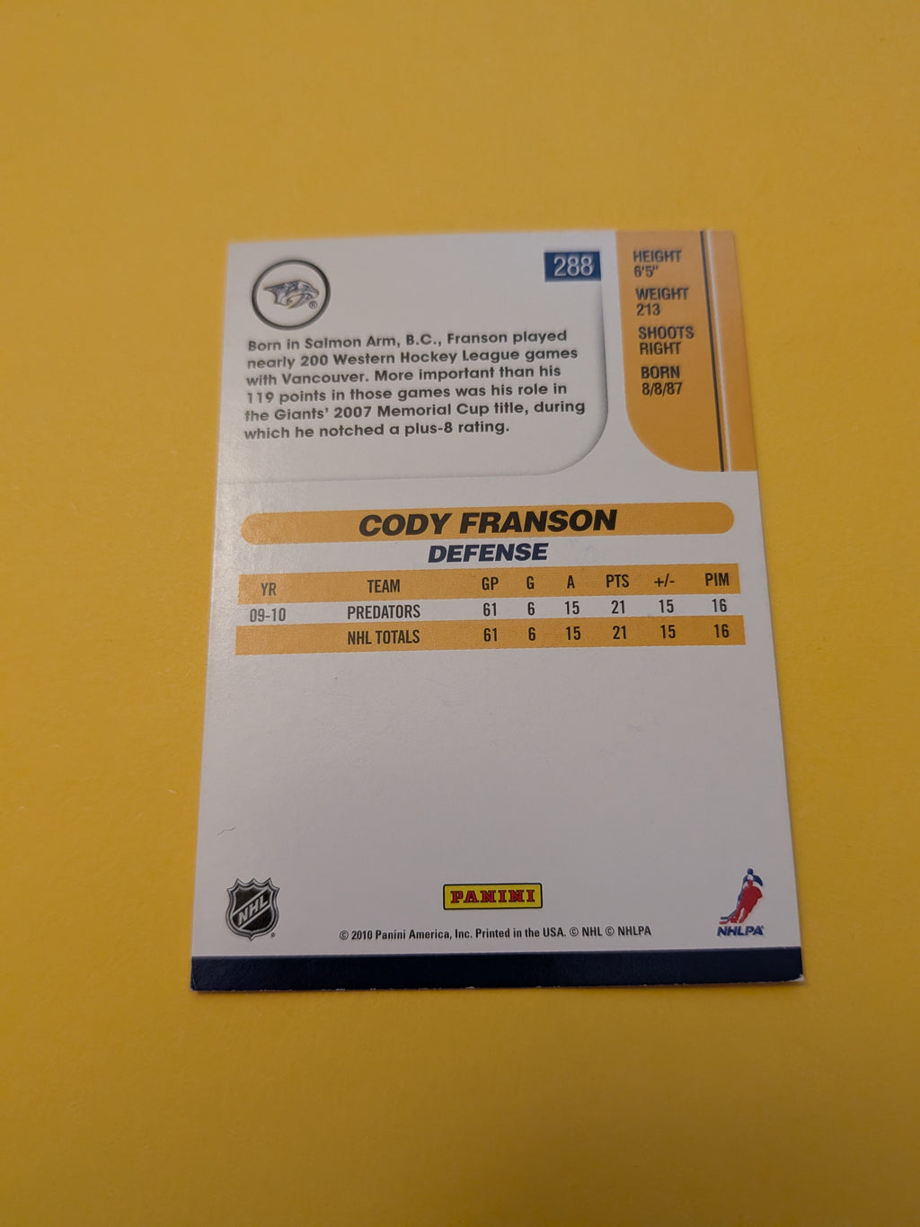 Cody Franson Signed Nashville Predators Card B