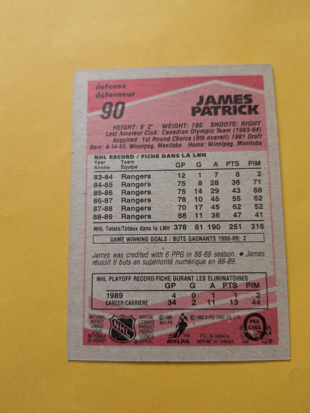 James Patrick Signed New York Rangers Card F