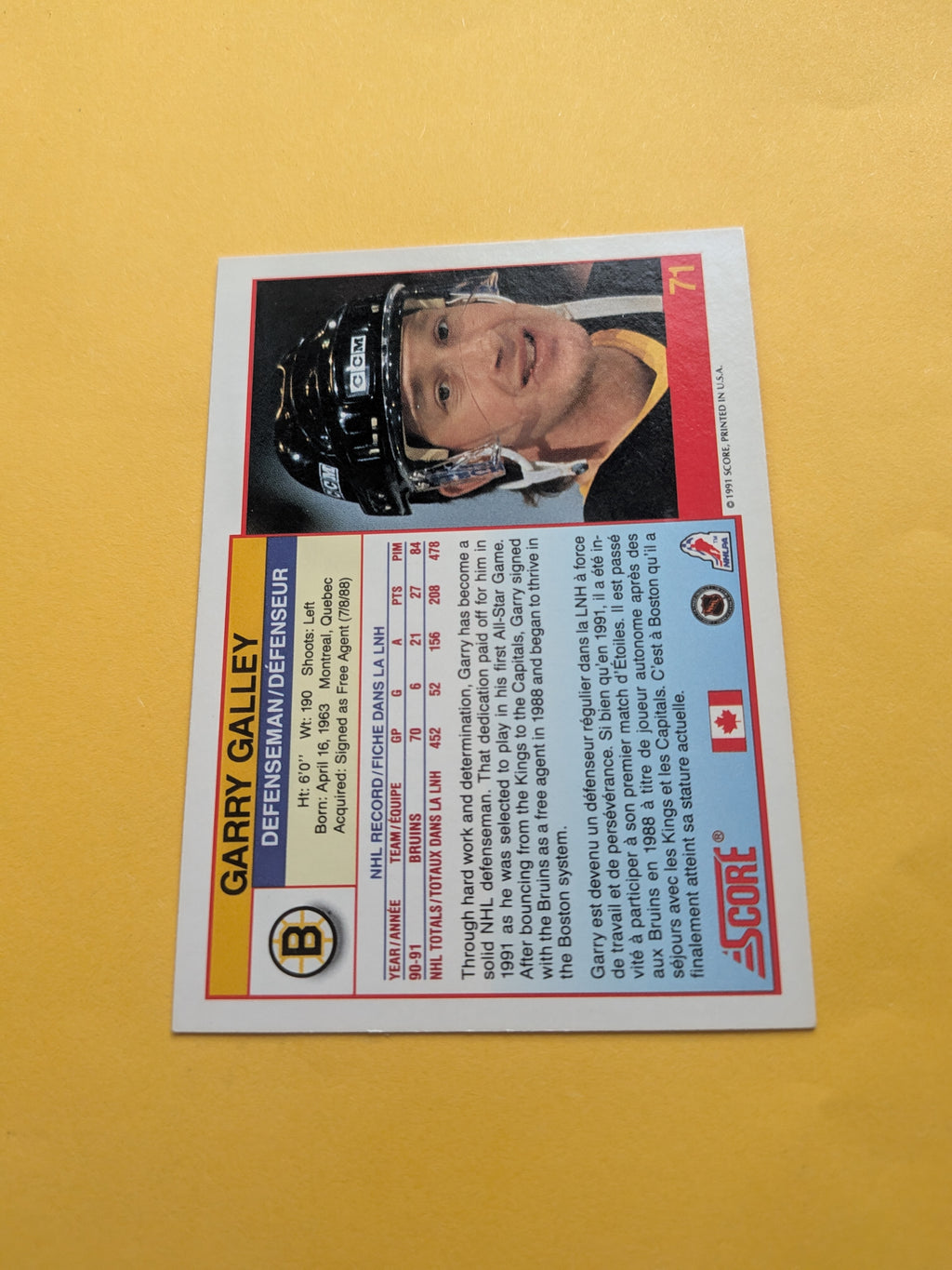Garry Galley Signed Boston Bruins Card H