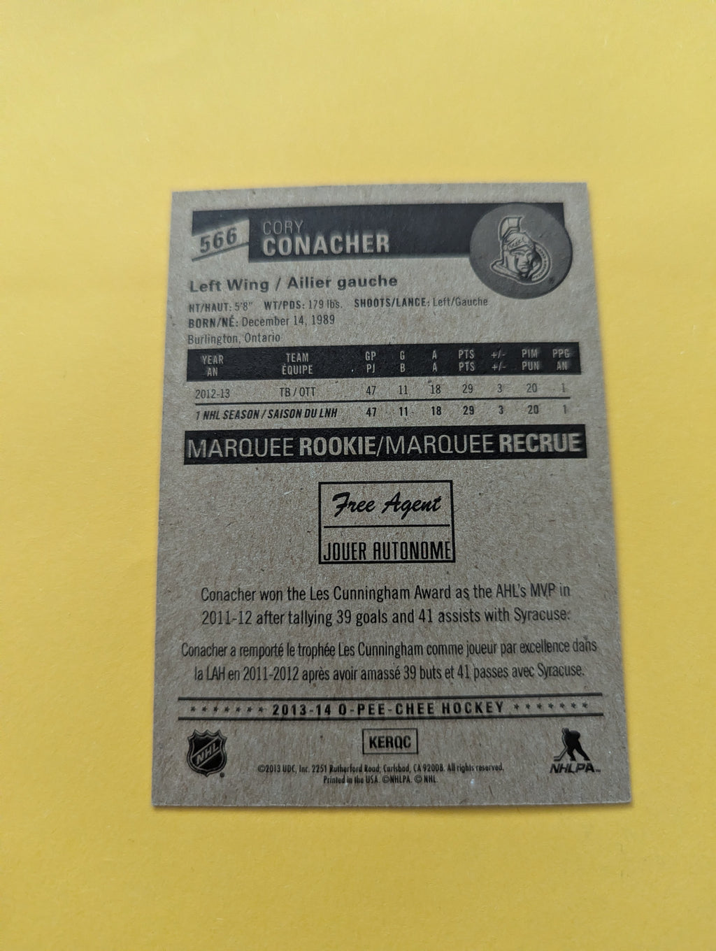 Cory Conacher Signed Ottawa Senators Rookie Card