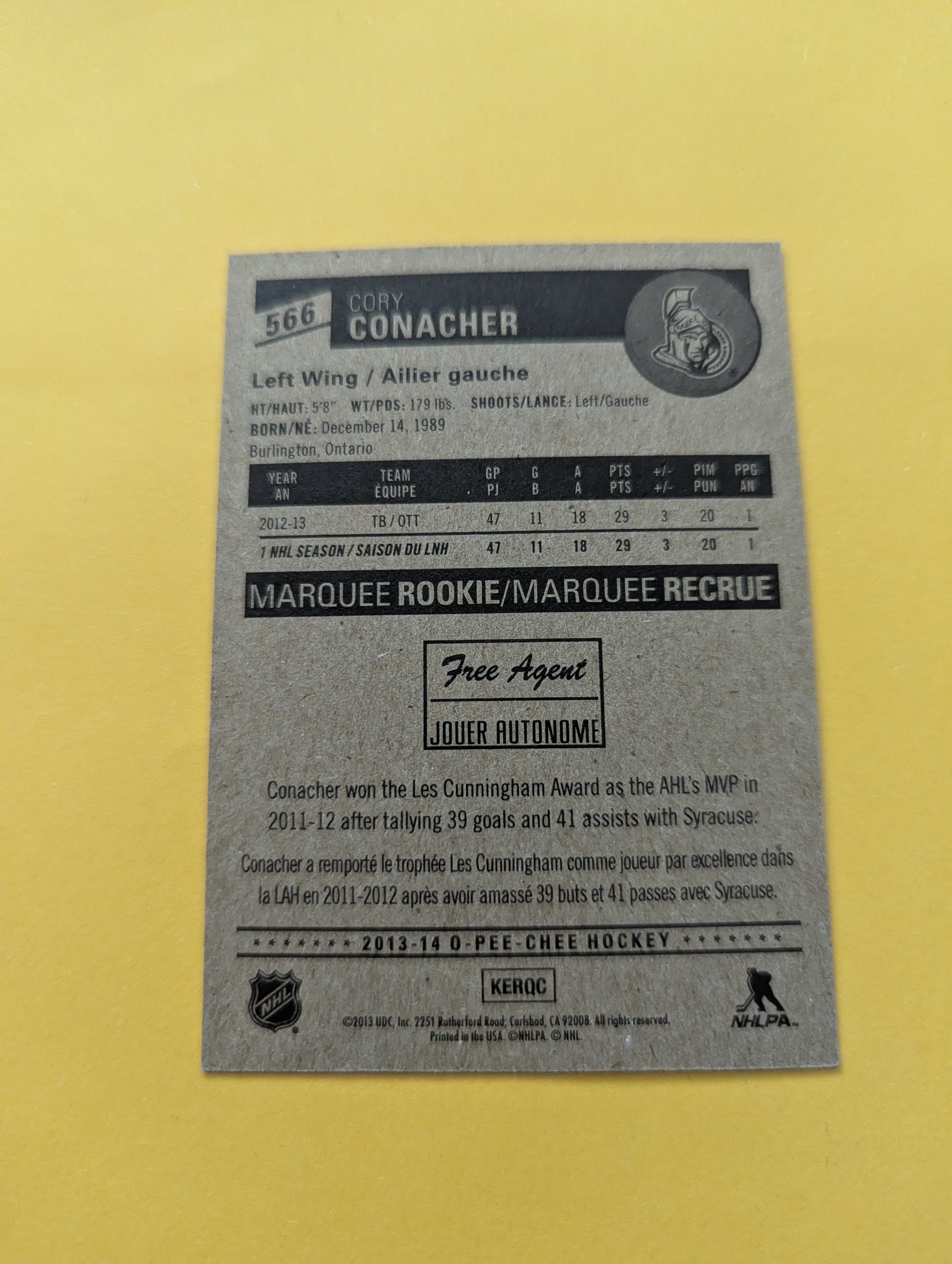 Cory Conacher Signed Ottawa Senators Rookie Card