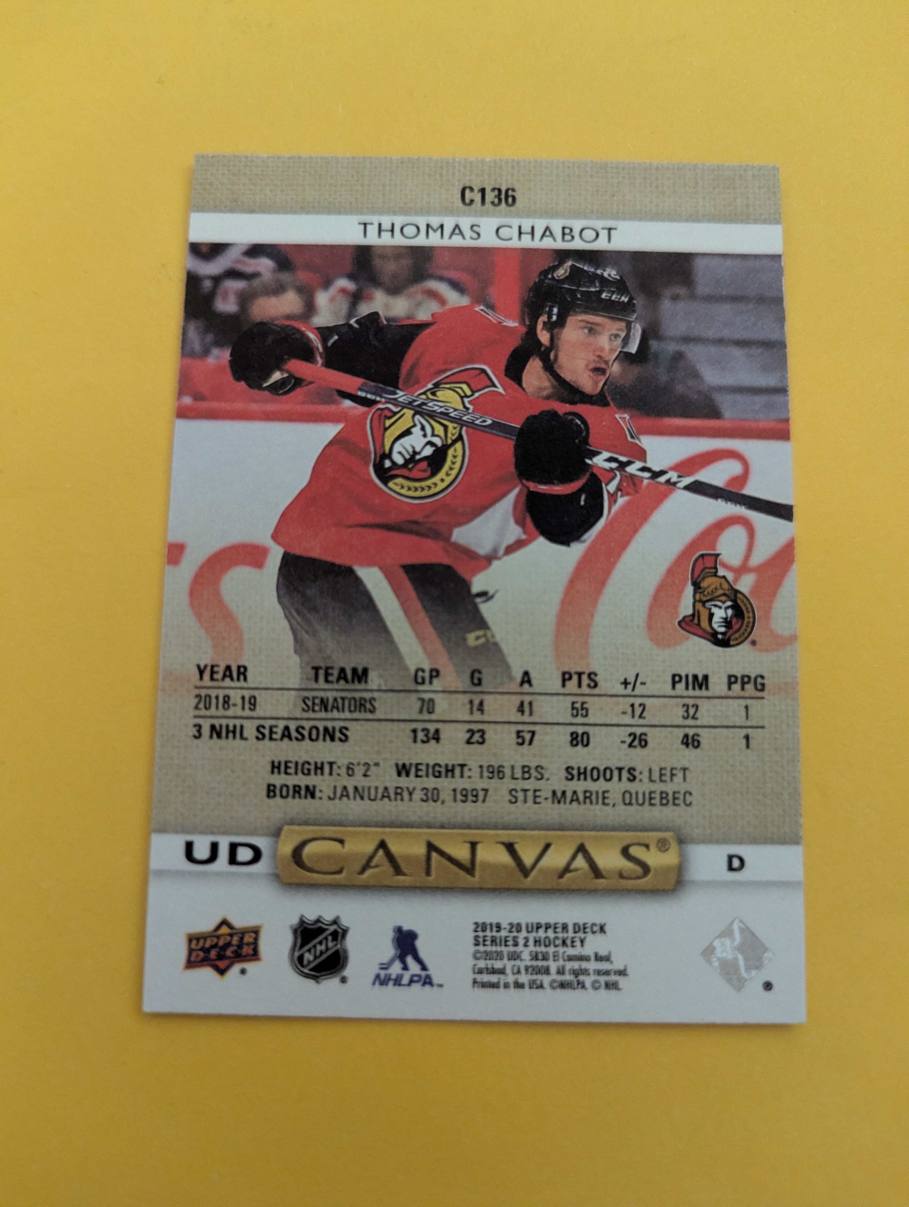 Thomas Chabot 19-20 Upper Deck UD Canvas Card